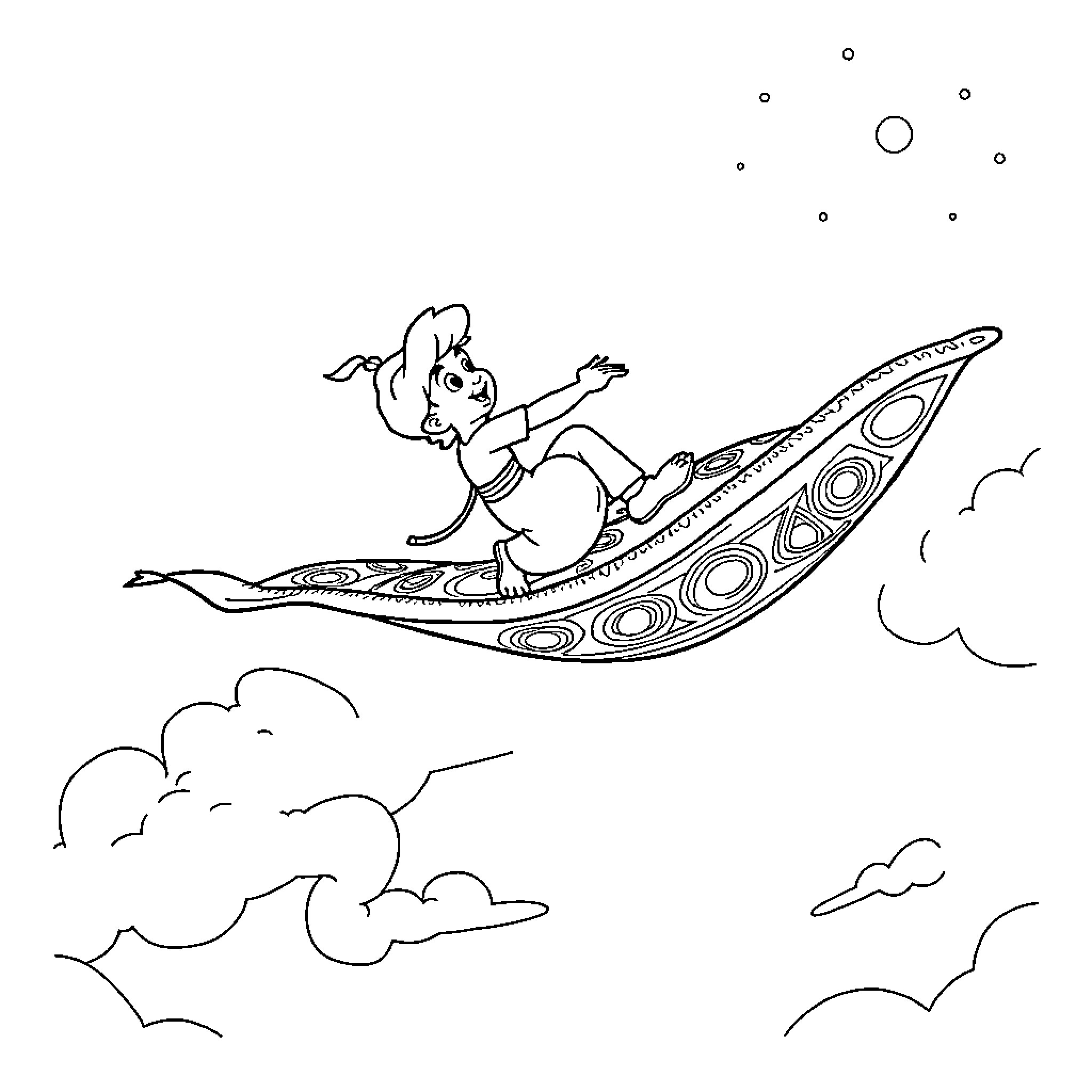 Aladdin's magical carpet ride through the clouds Coloring Page (free black-and-white line drawing printable PDF for all, from beginners to advanced learners, including children, teens, adults, and seniors)