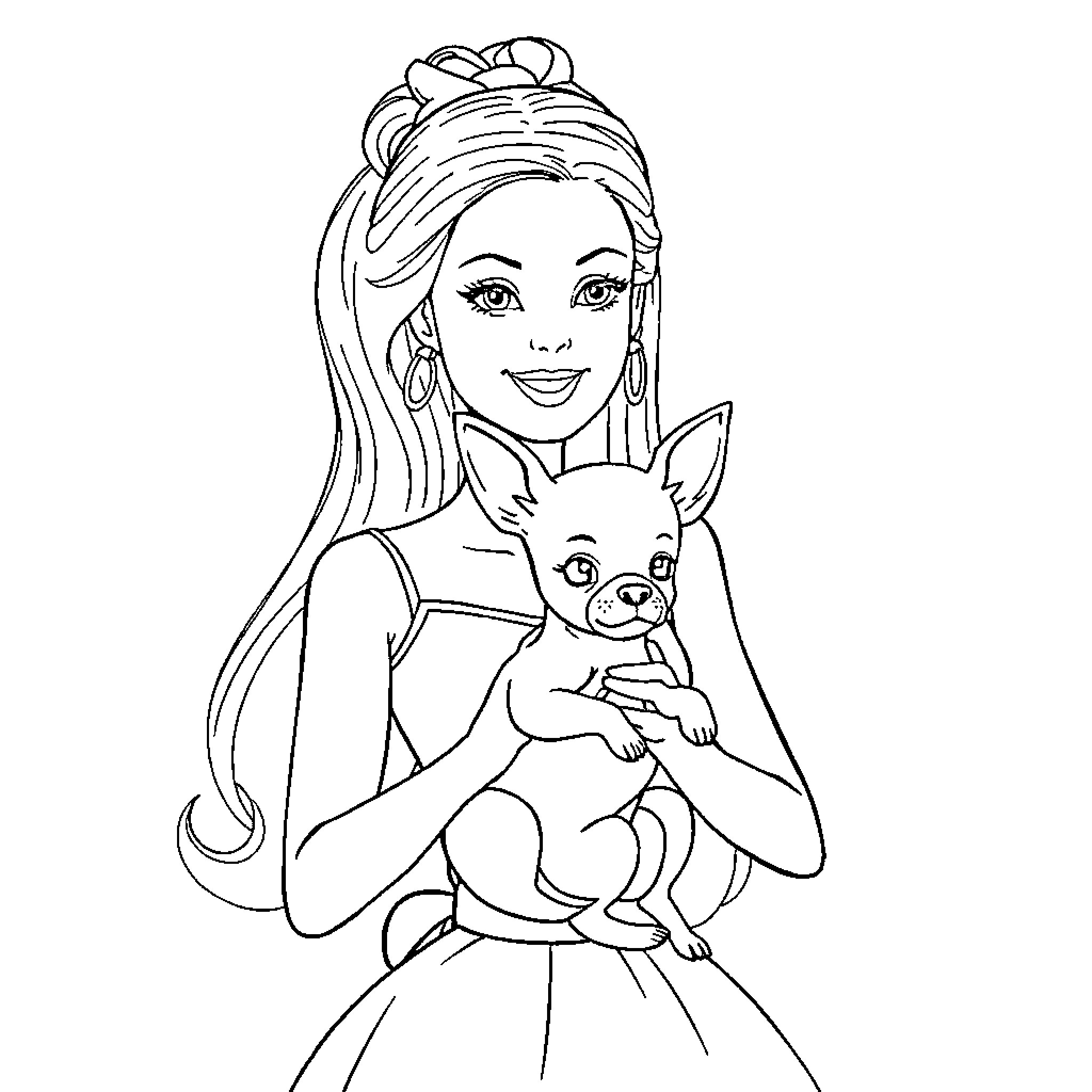 Barbie with pet dog in elegant attire Coloring Page (free black-and-white line drawing printable PDF for all, from beginners to advanced learners, including children, teens, adults, and seniors)