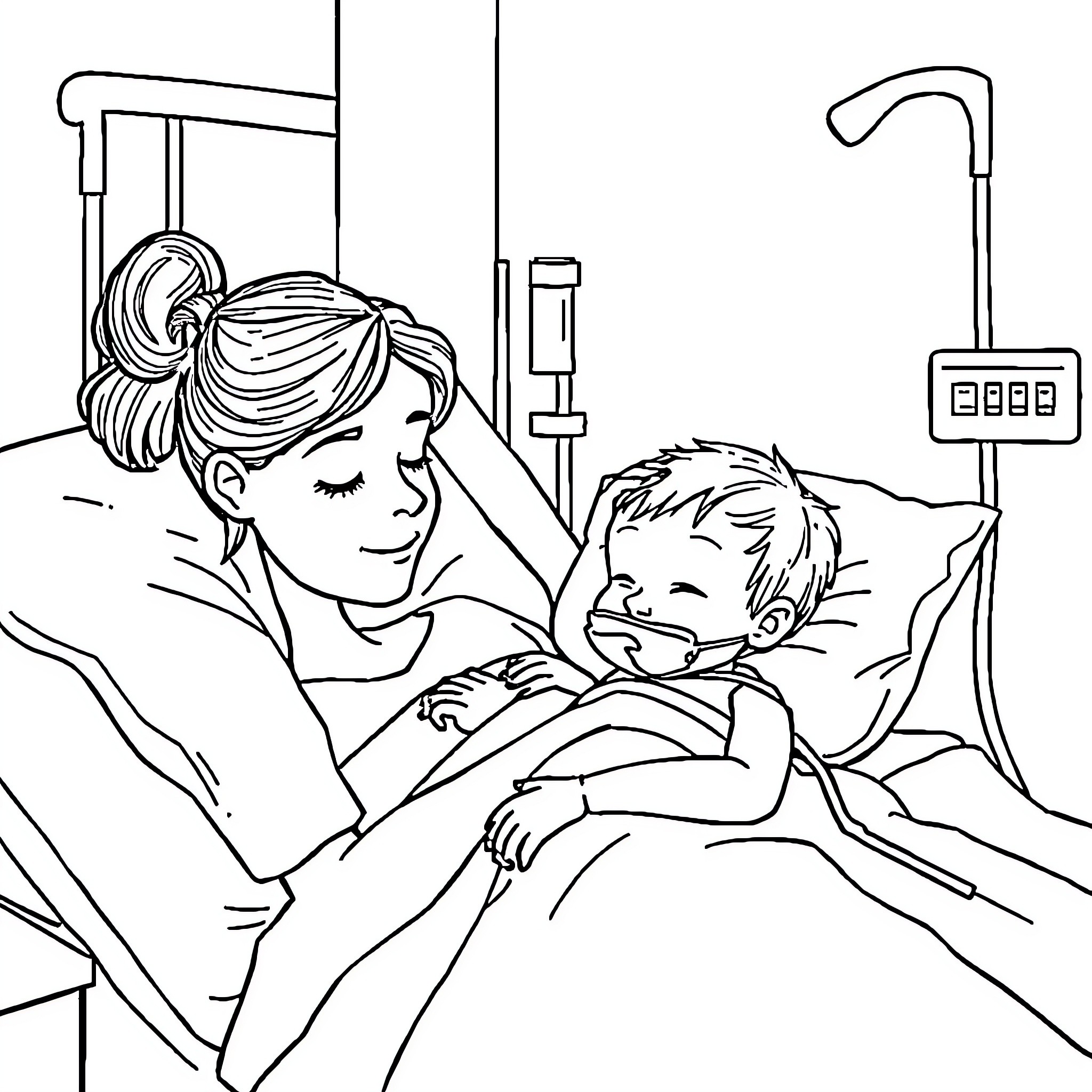 Mummy caring for sick child in hospital Coloring Page (free black-and-white line drawing printable PDF for all, from beginners to advanced learners, including children, teens, adults, and seniors)