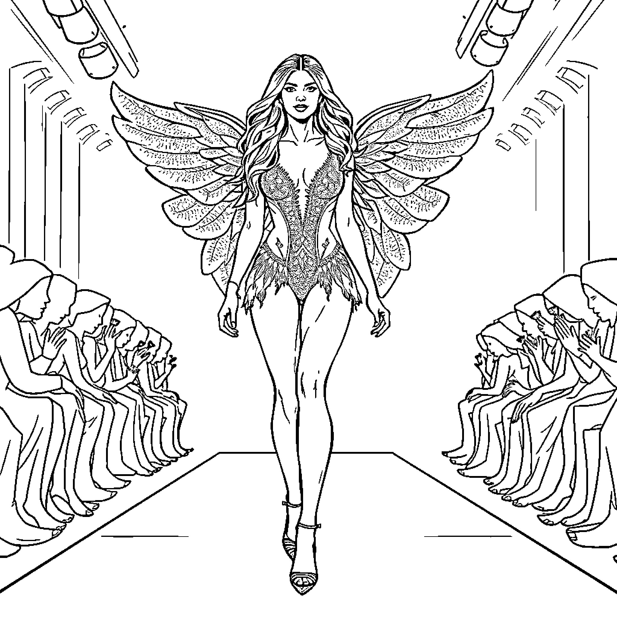 Adriana Lima as a Powerful Winged Goddess Coloring Page (free black-and-white line drawing printable PDF for all, from beginners to advanced learners, including children, teens, adults, and seniors)