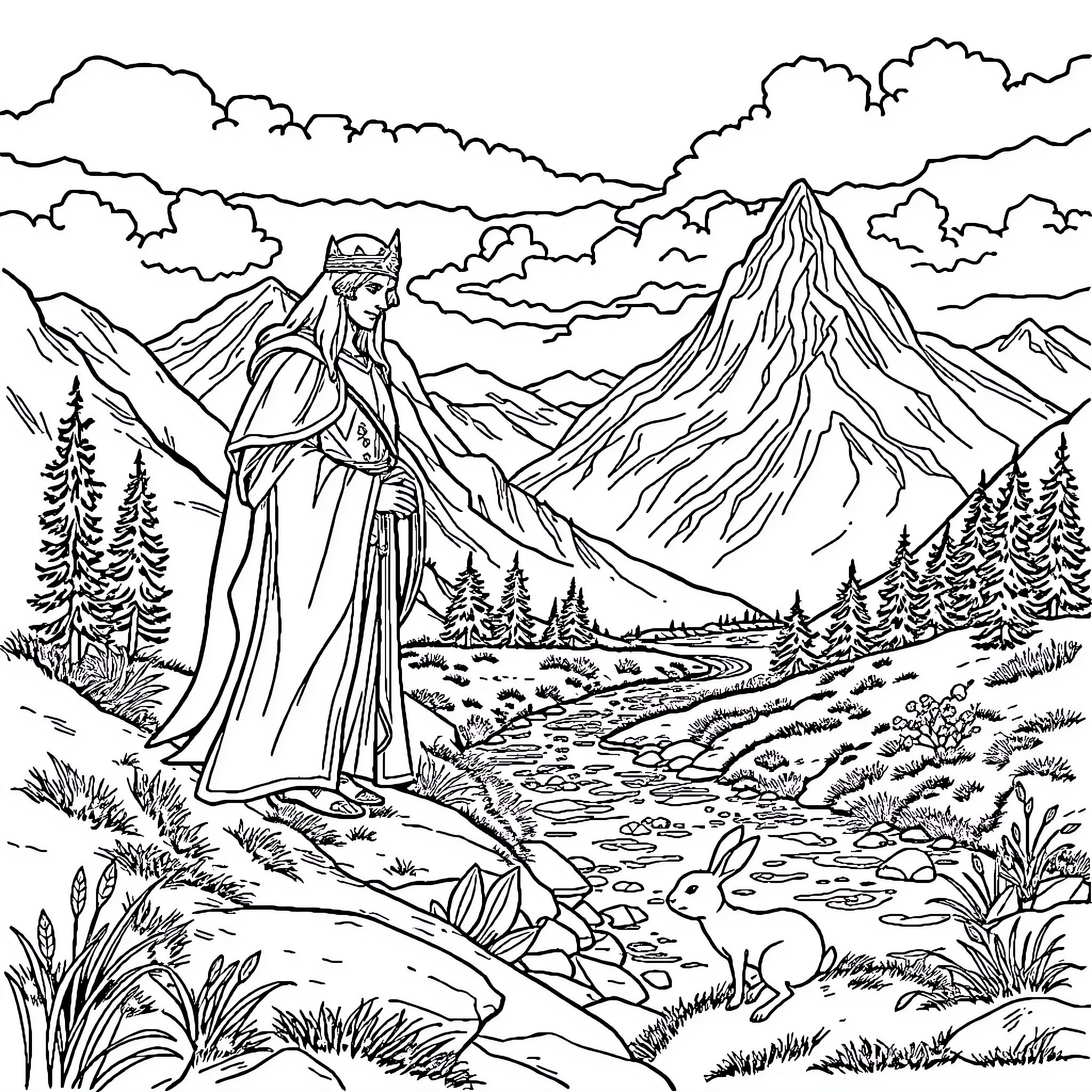 Prince Stands Majestically Amidst Mountainous Landscape Coloring Page (free black-and-white line drawing printable PDF for all, from beginners to advanced learners, including children, teens, adults, and seniors)