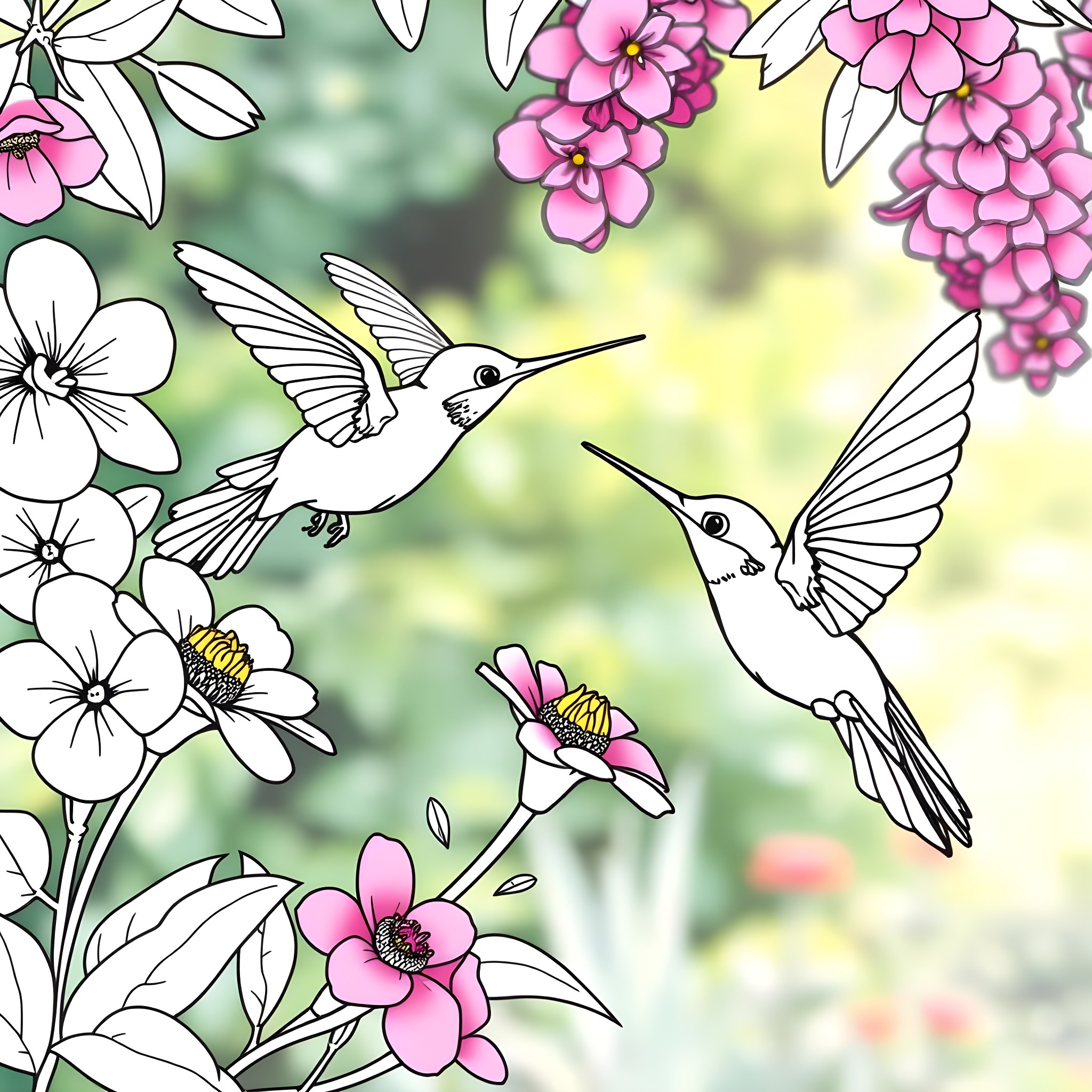 Hummingbirds in a floral garden Coloring Page (free black-and-white line drawing printable PDF for all, from beginners to advanced learners, including children, teens, adults, and seniors)