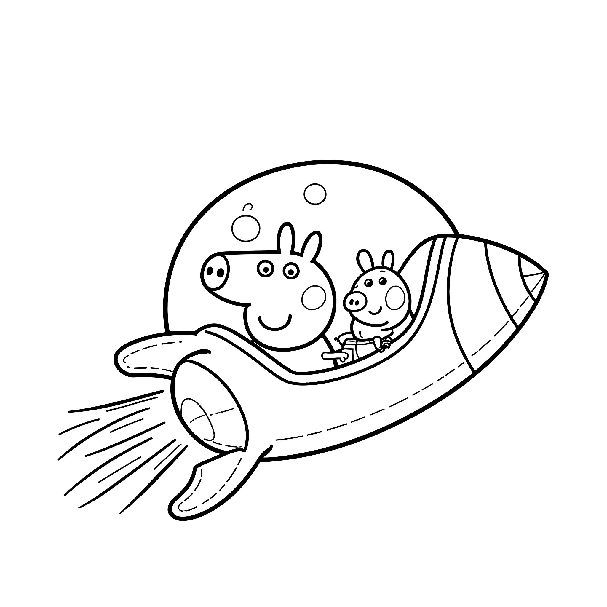 Peppa Pig and George on a spaceship adventure Coloring Page (free black-and-white line drawing printable PDF for all, from beginners to advanced learners, including children, teens, adults, and seniors)