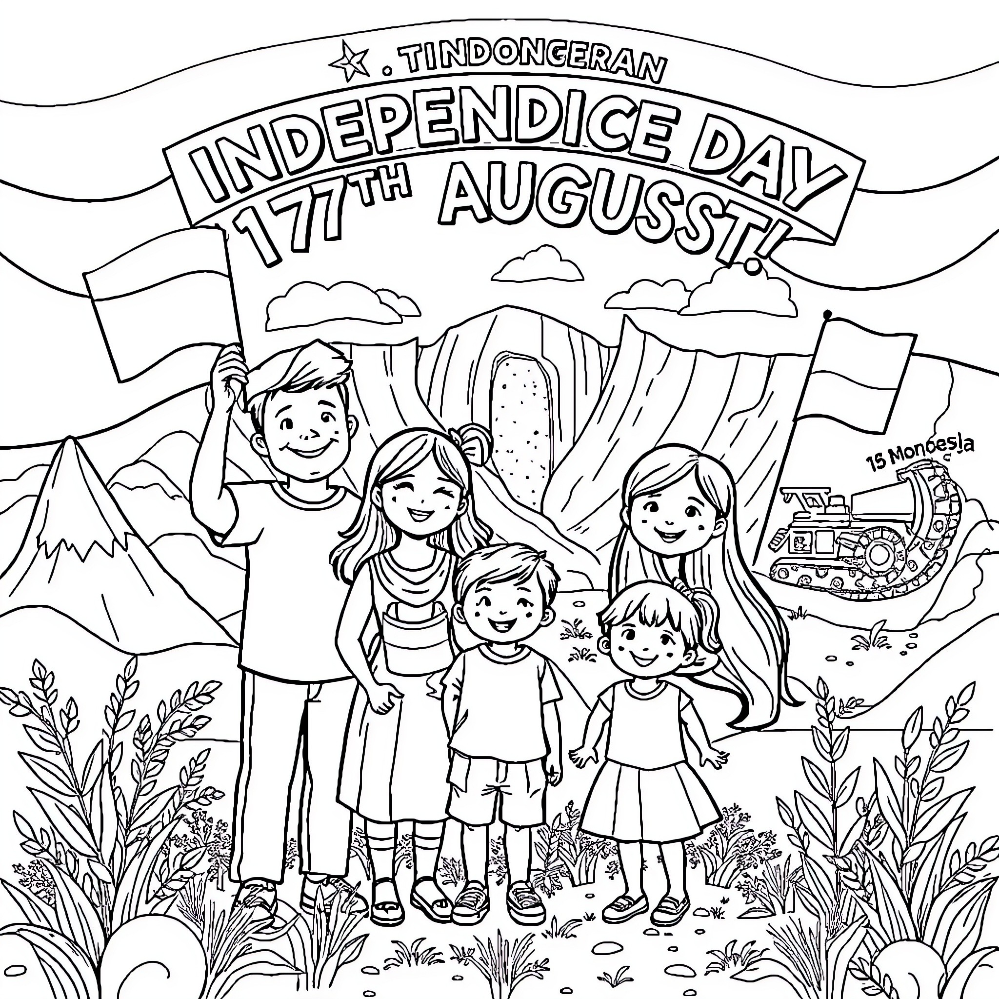 Family celebrating Independence Day with flags and festivities Coloring Page (free black-and-white line drawing printable PDF for all, from beginners to advanced learners, including children, teens, adults, and seniors)