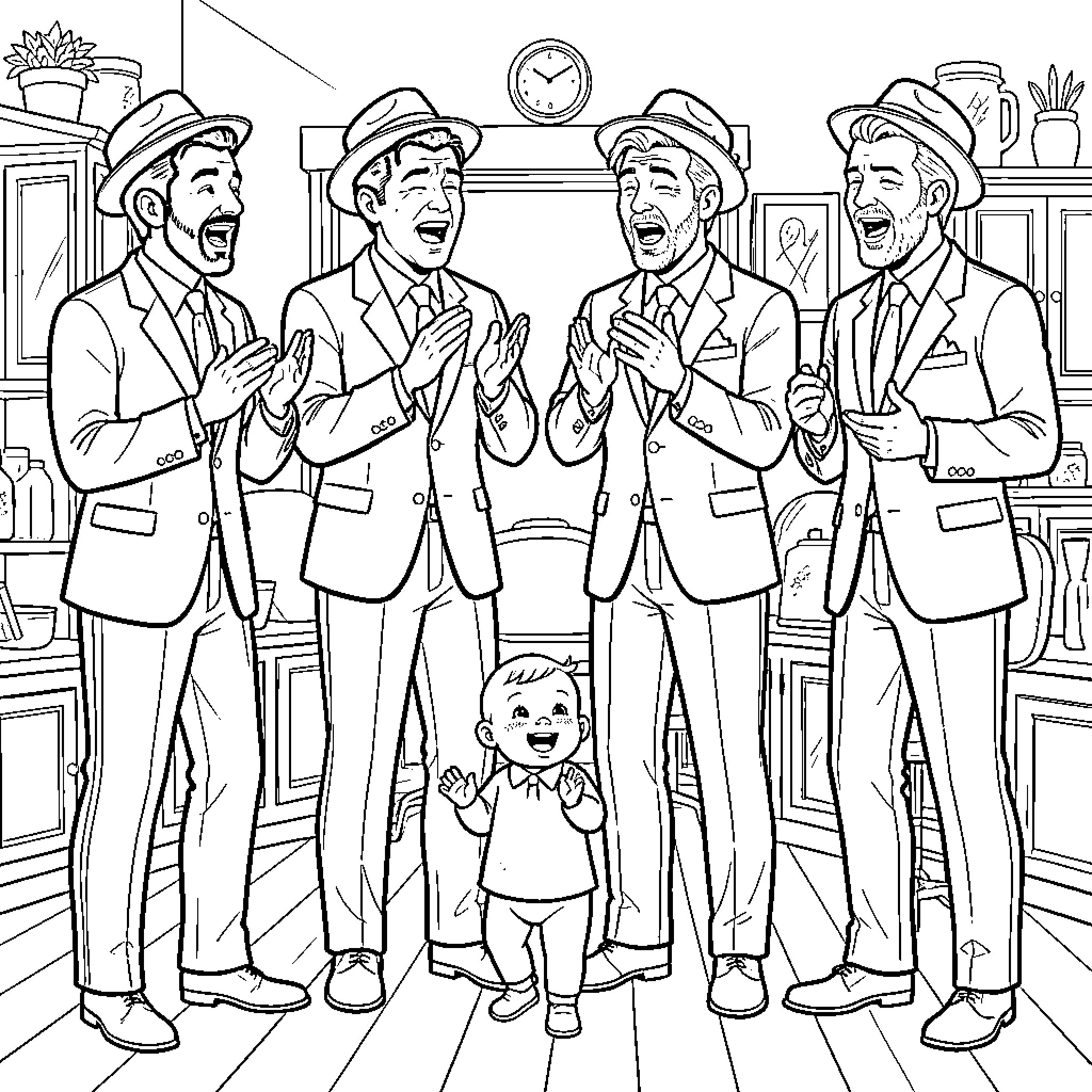 Barbershop Quartet Performing on Stage with Child Coloring Page (free black-and-white line drawing printable PDF for all, from beginners to advanced learners, including children, teens, adults, and seniors)