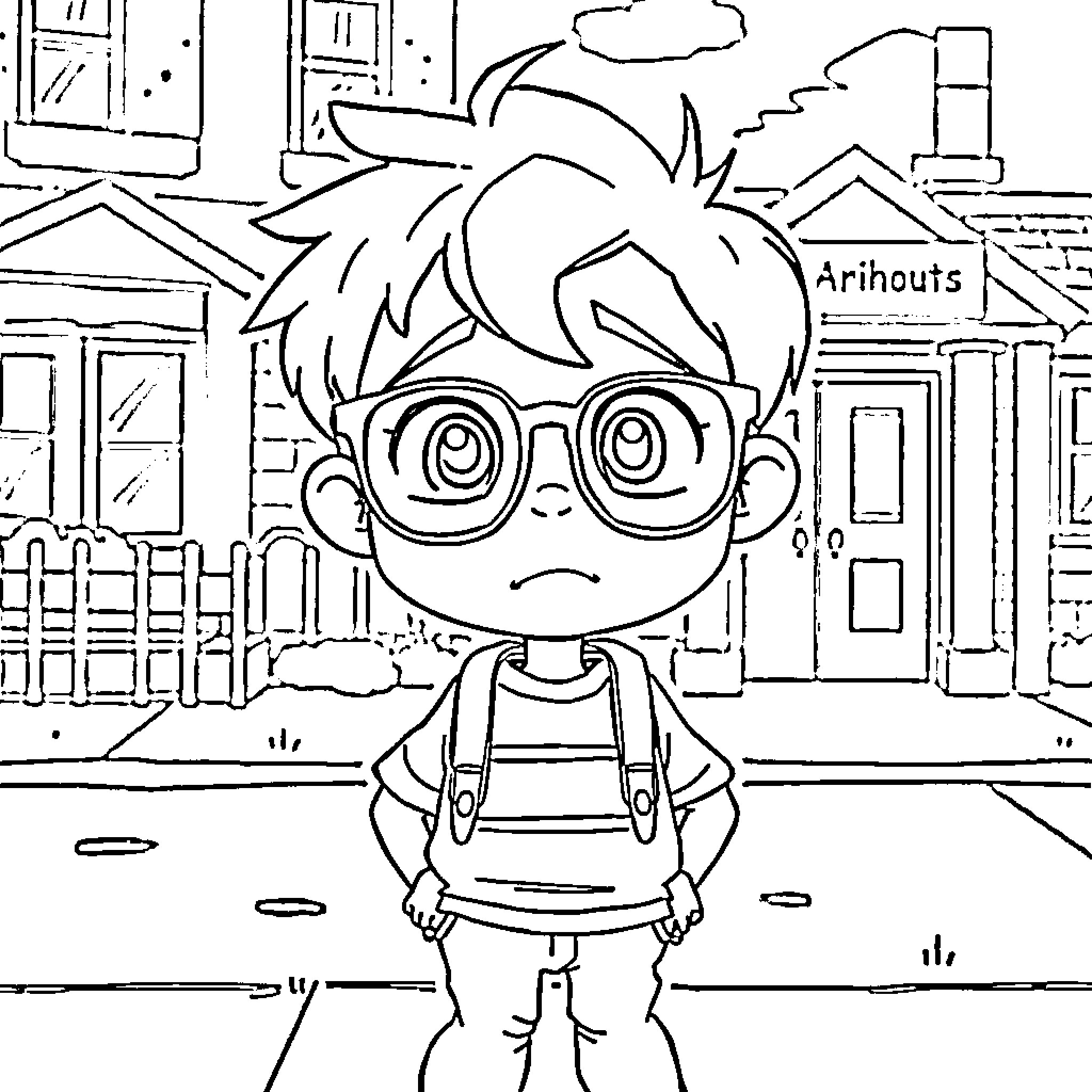 Milhouse's Neighborhood Adventure Coloring Page (free black-and-white line drawing printable PDF for all, from beginners to advanced learners, including children, teens, adults, and seniors)