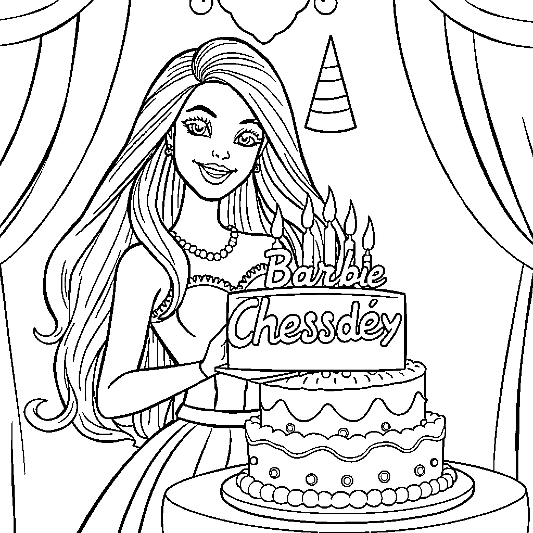 Barbie Celebrates with a Birthday Cake Coloring Page (free black-and-white line drawing printable PDF for all, from beginners to advanced learners, including children, teens, adults, and seniors)