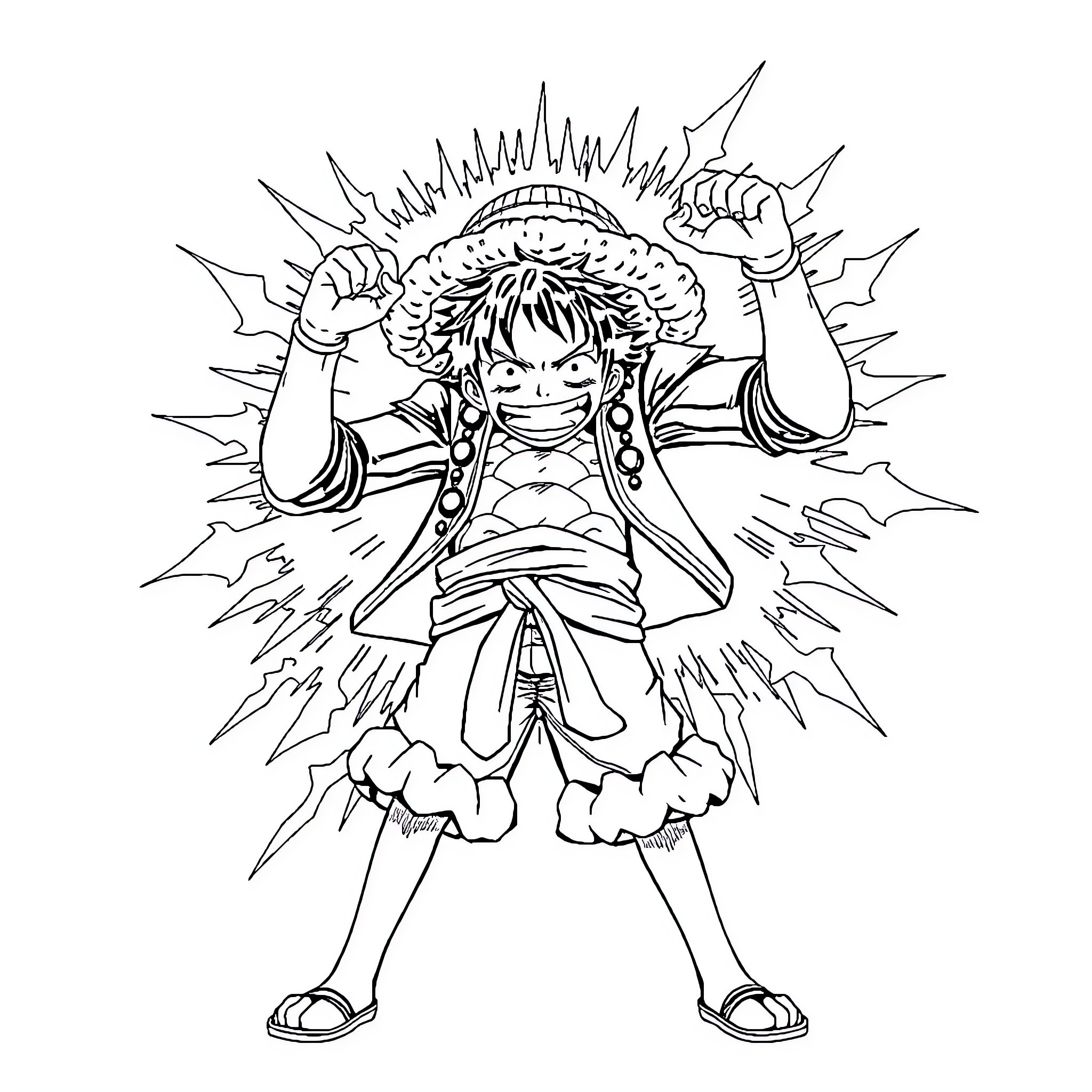 Luffy unleashing dynamic energy in iconic pose Coloring Page (free black-and-white line drawing printable PDF for all, from beginners to advanced learners, including children, teens, adults, and seniors)