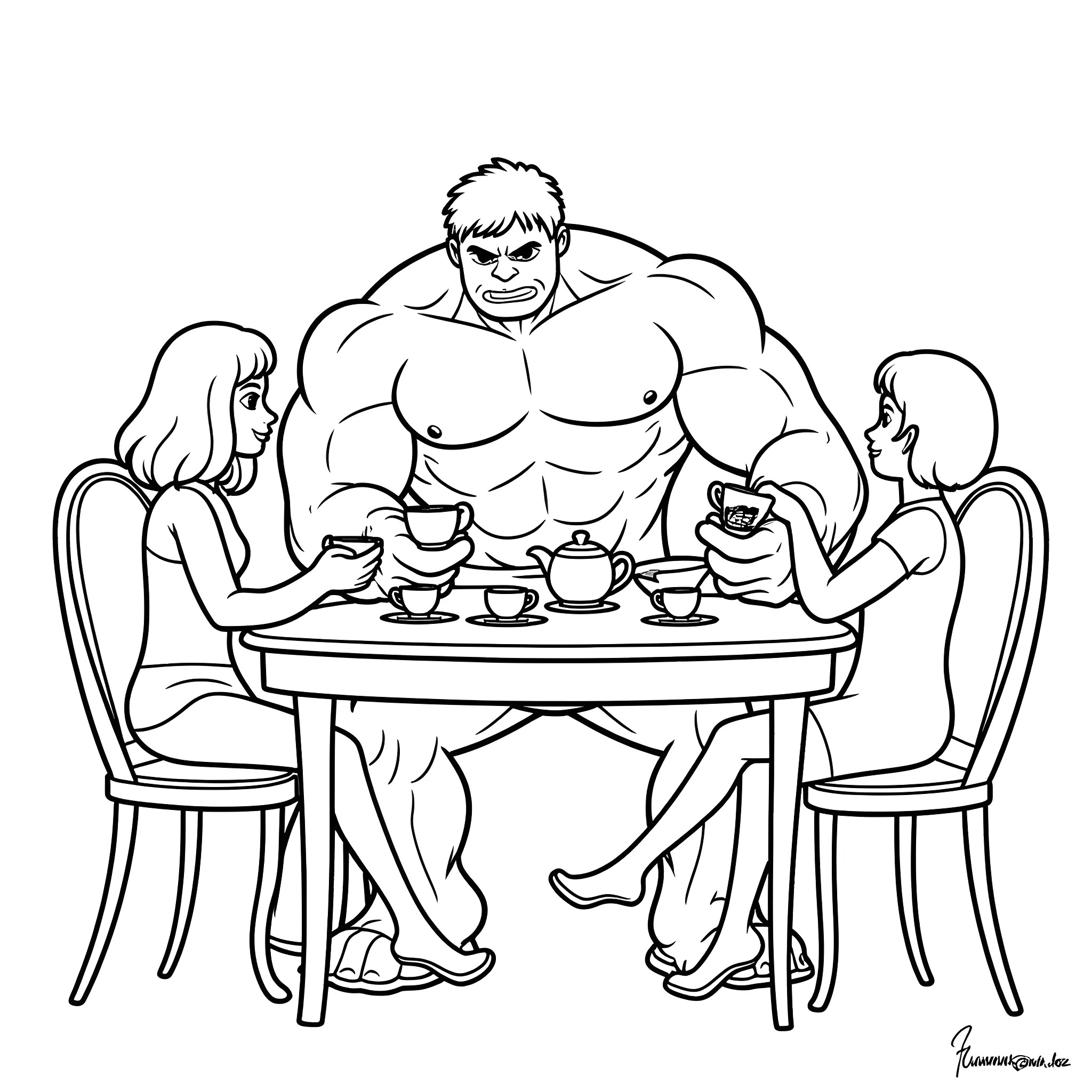 Hulk enjoying tea with friends Coloring Page (free black-and-white line drawing printable PDF for all, from beginners to advanced learners, including children, teens, adults, and seniors)