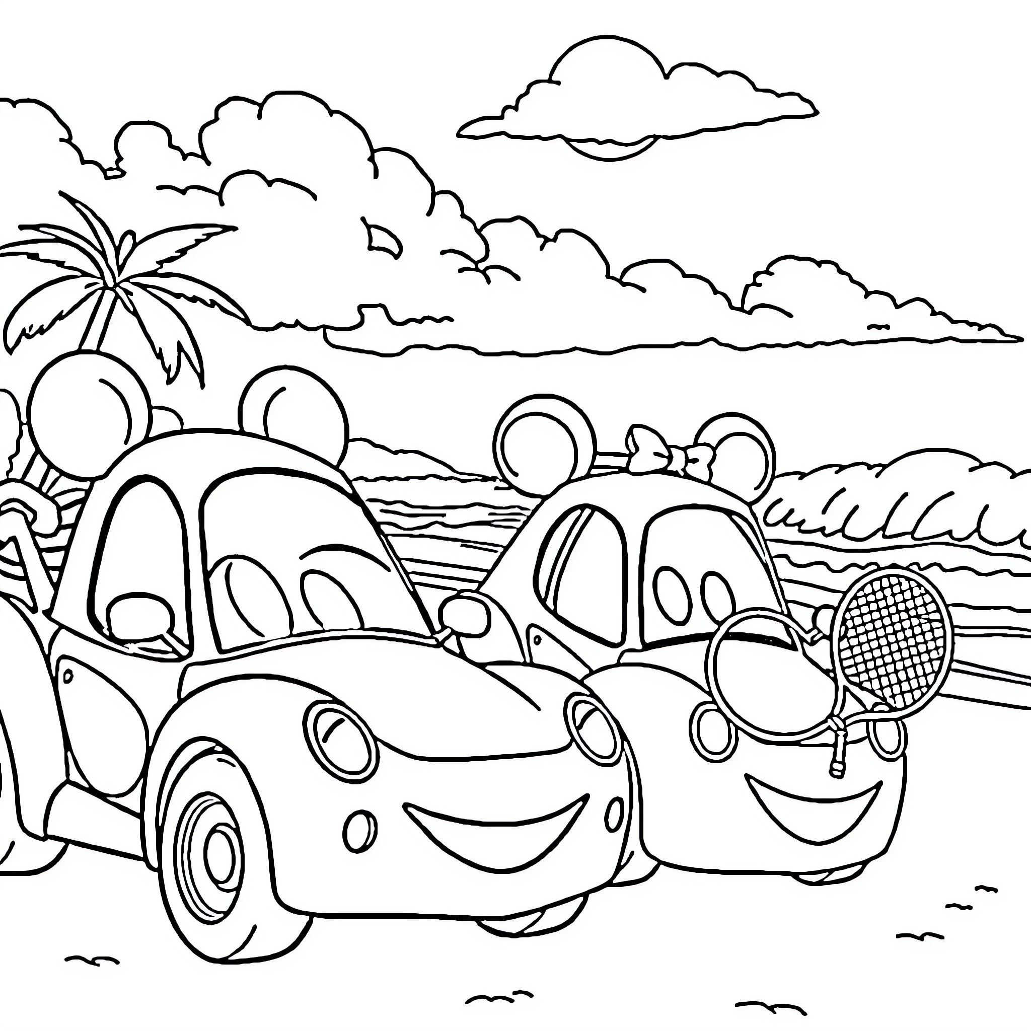 Car Race on Tropical Beach Scene Coloring Page (free black-and-white line drawing printable PDF for all, from beginners to advanced learners, including children, teens, adults, and seniors)
