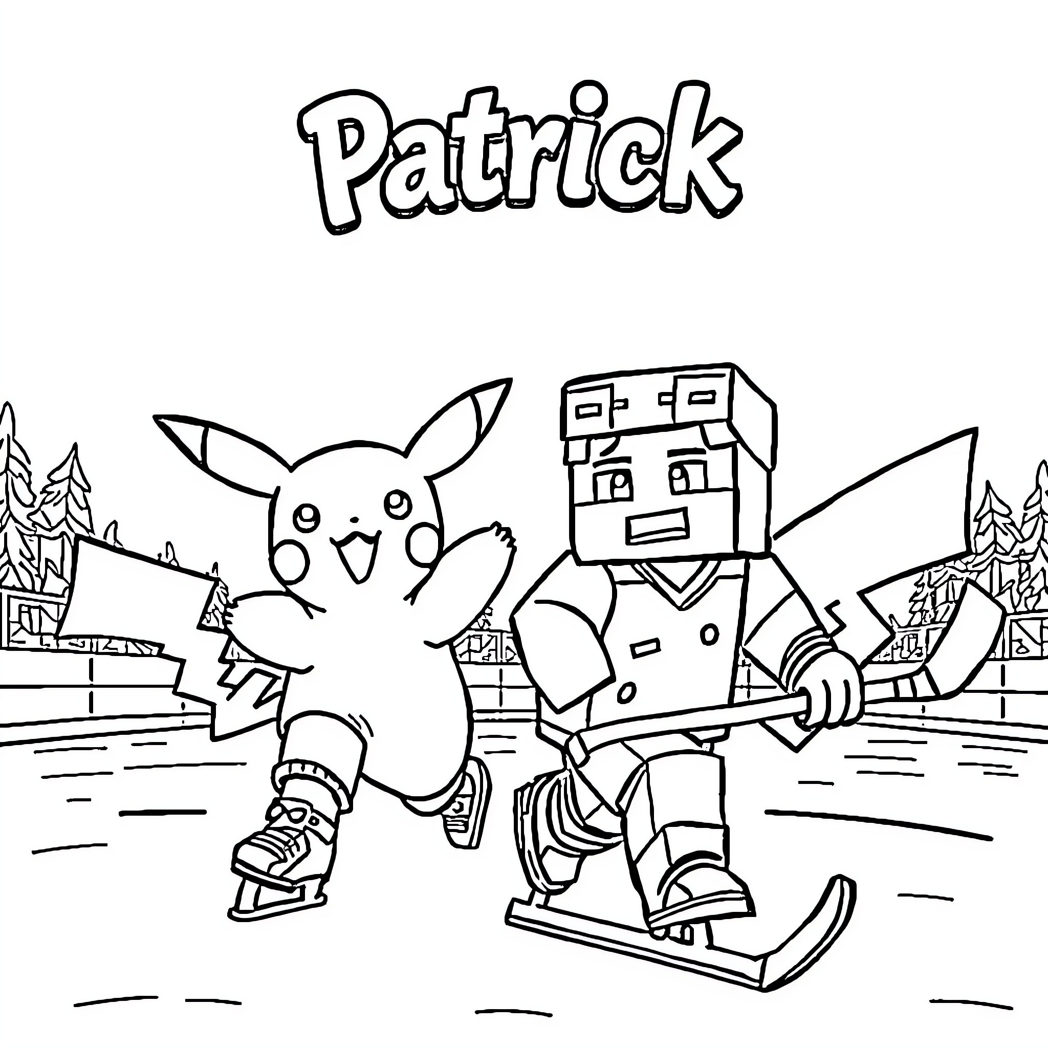 Pikachu and a robot friend playing in the park Coloring Page (free black-and-white line drawing printable PDF for all, from beginners to advanced learners, including children, teens, adults, and seniors)