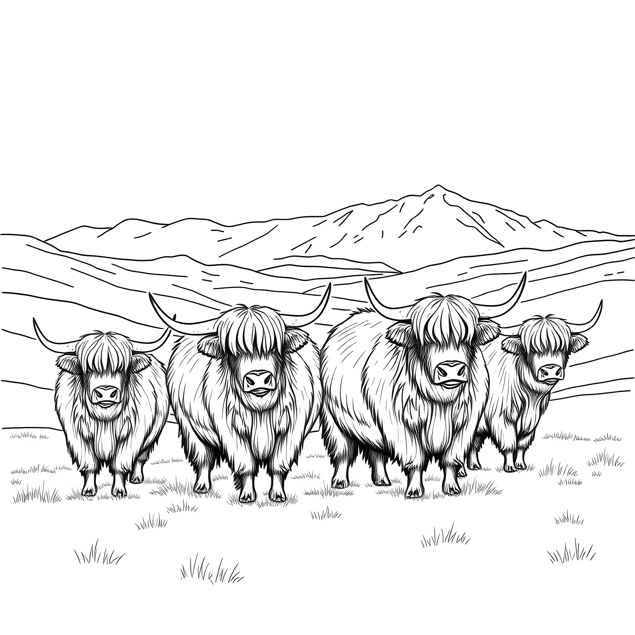 Highland Cattle standing in a mountainous landscape Coloring Page (free black-and-white line drawing printable PDF for all, from beginners to advanced learners, including children, teens, adults, and seniors)