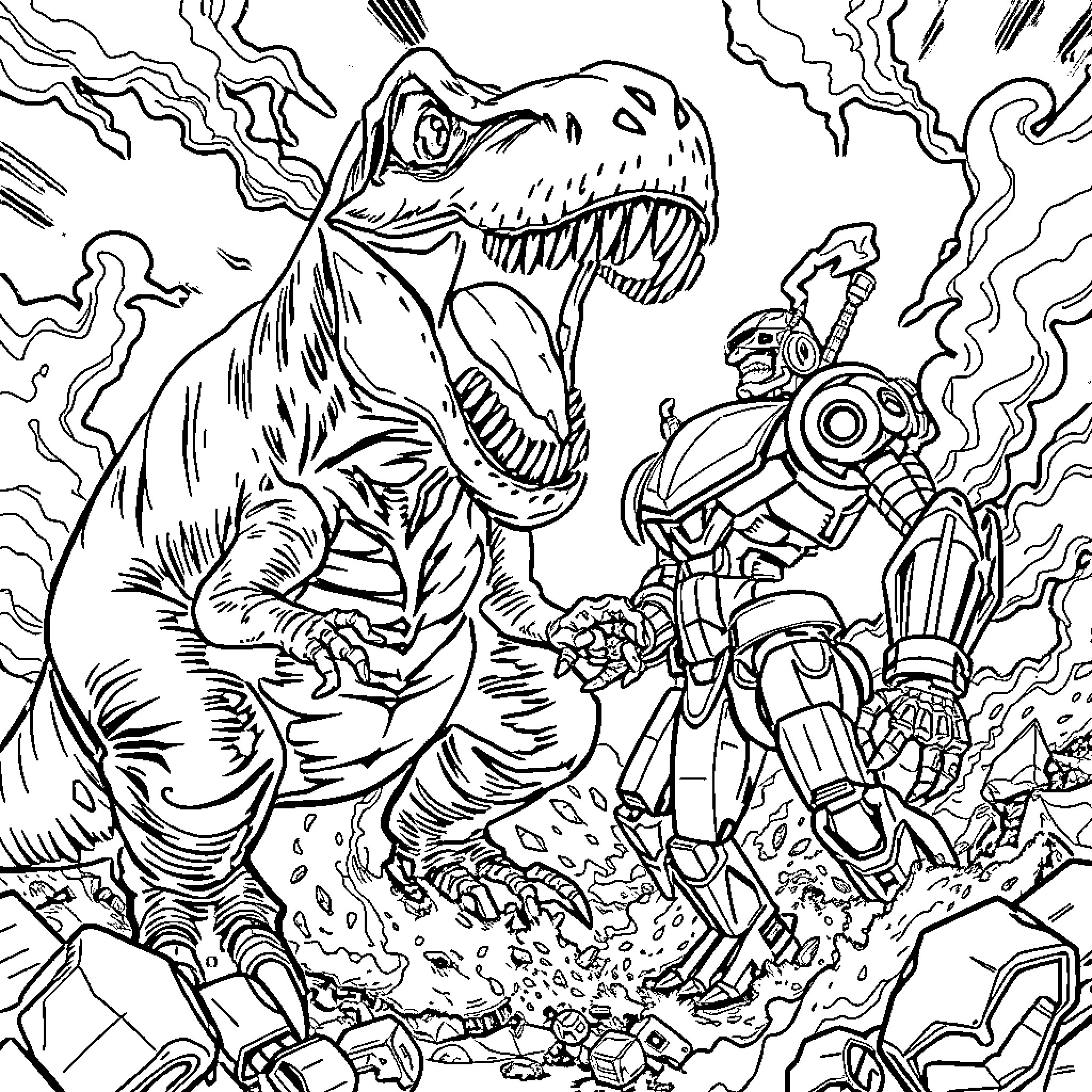 T-Rex confronting futuristic robotic warrior Coloring Page (free black-and-white line drawing printable PDF for all, from beginners to advanced learners, including children, teens, adults, and seniors)