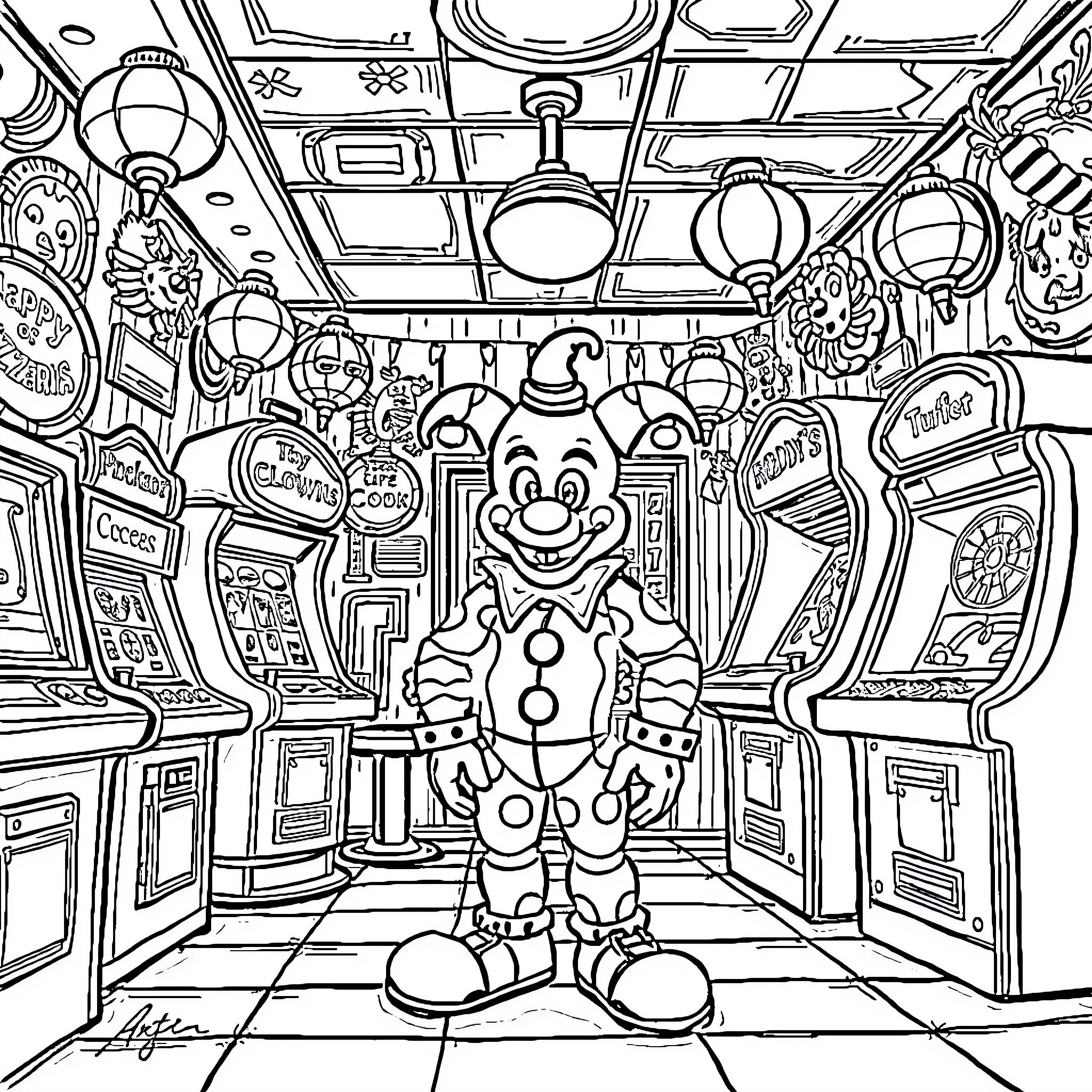 Clown among arcade games and amusement park rides Coloring Page (free black-and-white line drawing printable PDF for all, from beginners to advanced learners, including children, teens, adults, and seniors)