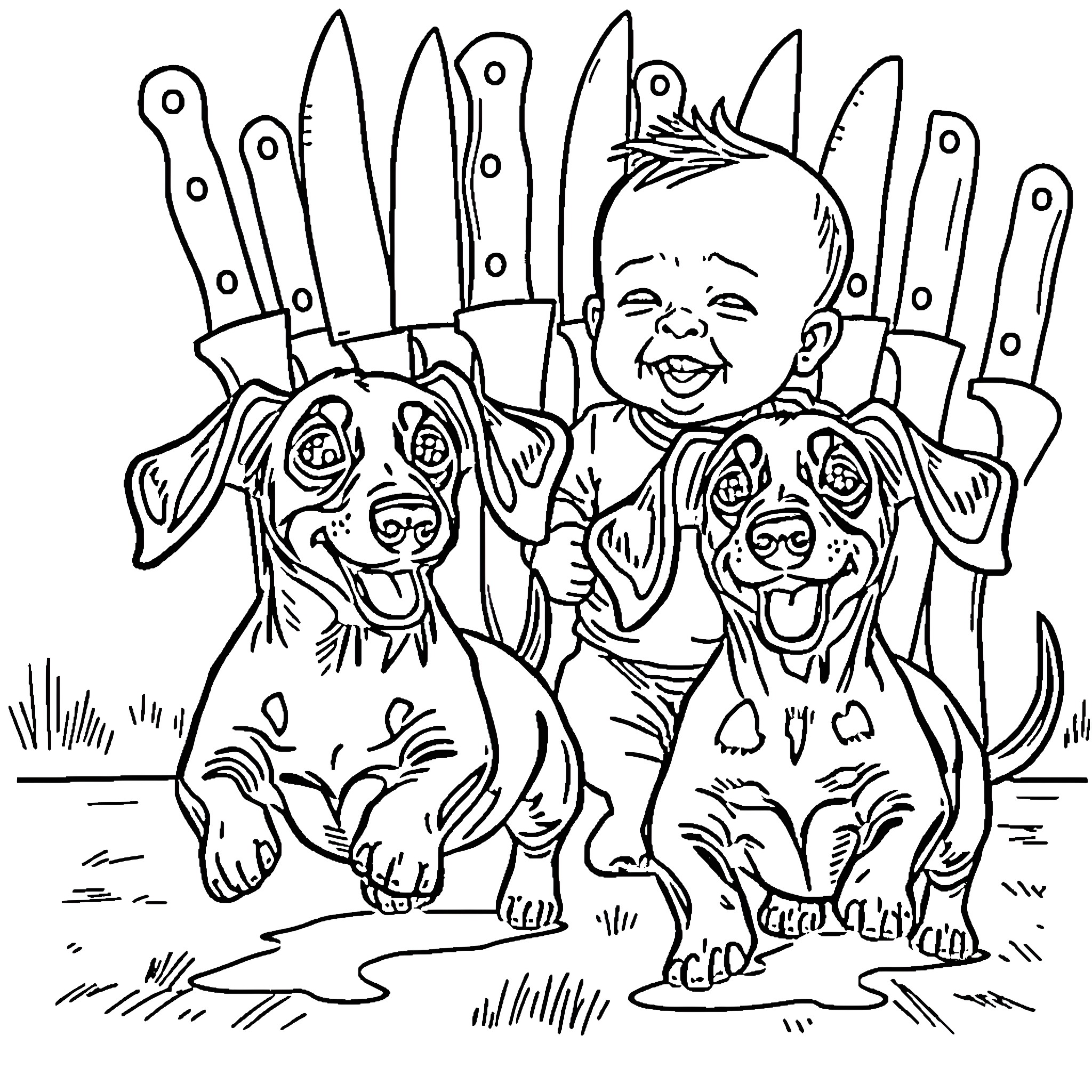 Dachshund friends playing joyfully with a child Coloring Page (free black-and-white line drawing printable PDF for all, from beginners to advanced learners, including children, teens, adults, and seniors)