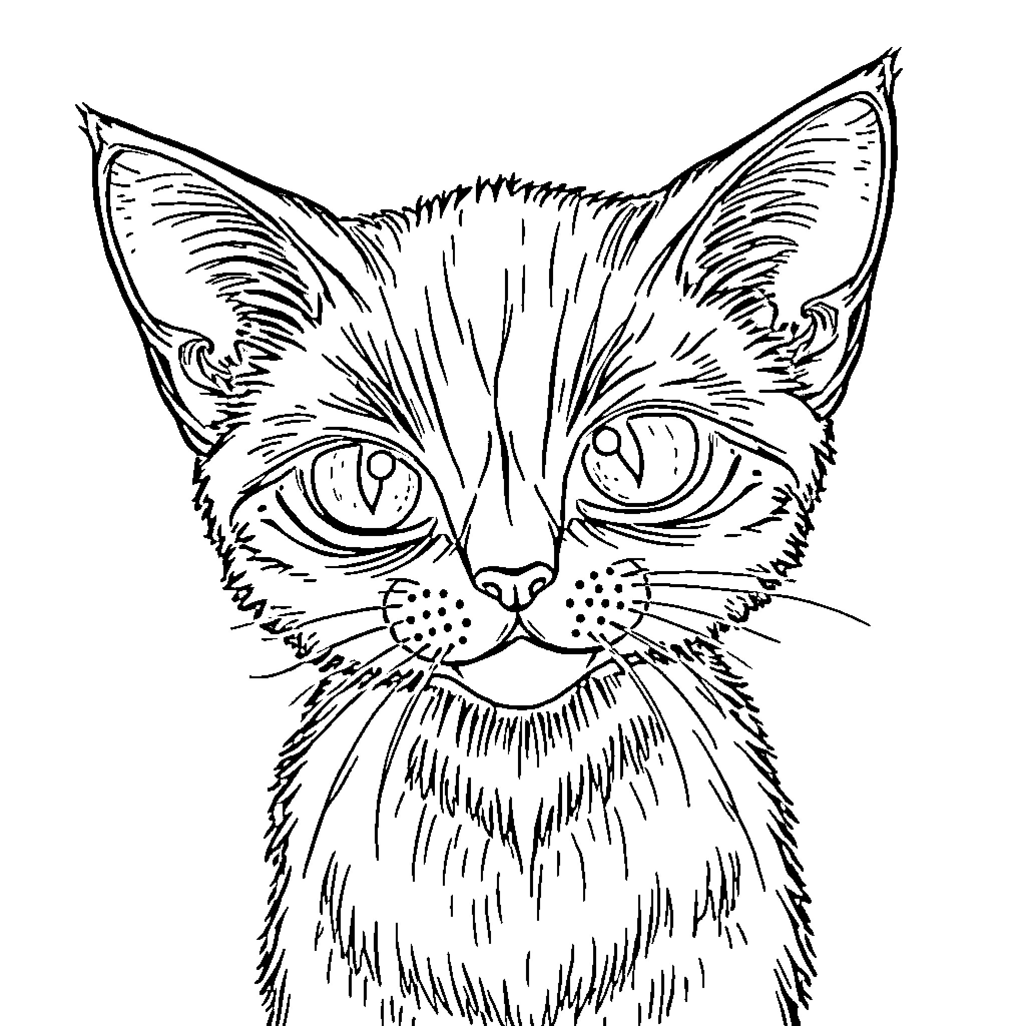 Three-Headed Cat Staring Intensely Coloring Page (free black-and-white line drawing printable PDF for all, from beginners to advanced learners, including children, teens, adults, and seniors)