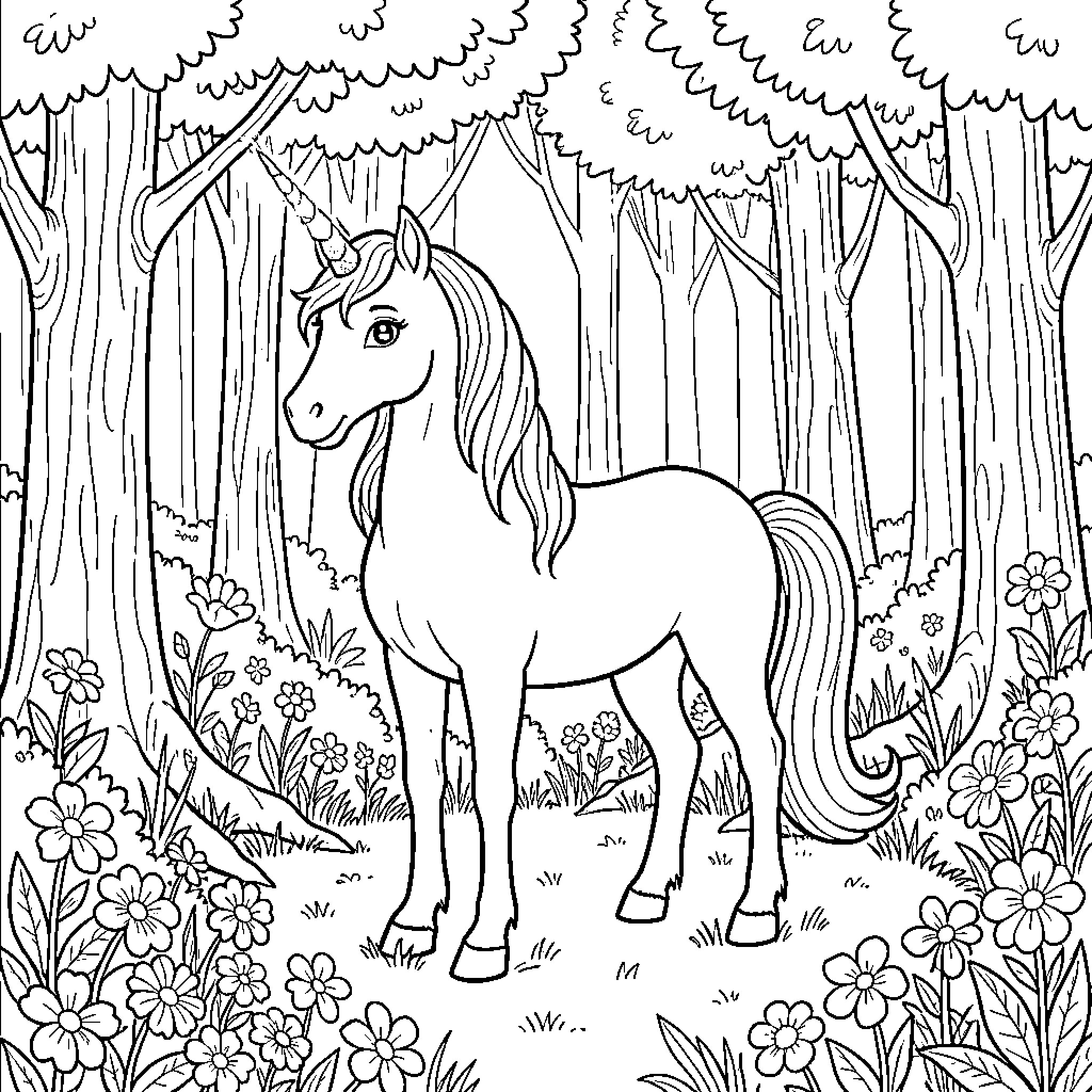 Unicorn in a magical forest Coloring Page (free black-and-white line drawing printable PDF for all, from beginners to advanced learners, including children, teens, adults, and seniors)