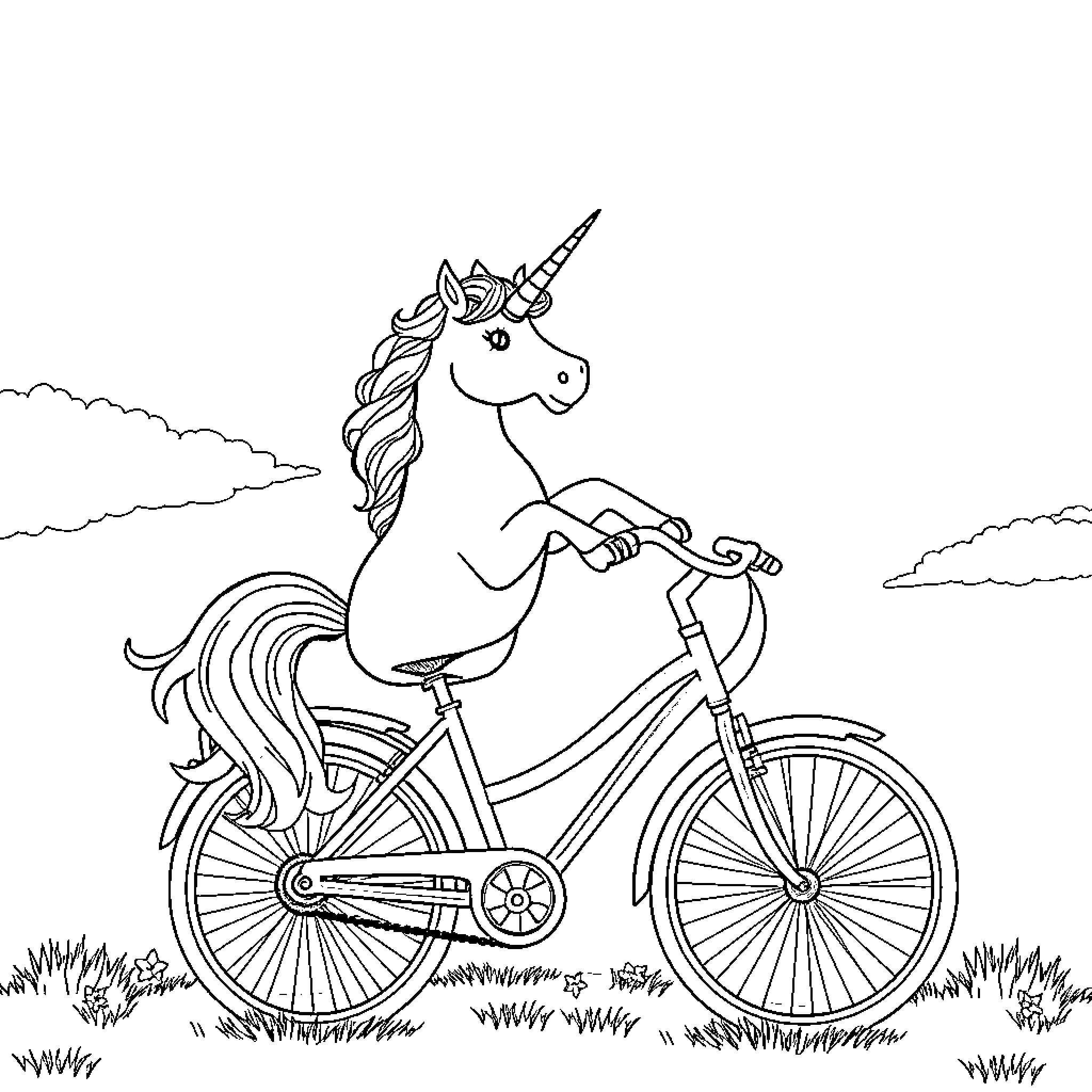 Unicorn riding a bicycle through a grassy field Coloring Page (free black-and-white line drawing printable PDF for all, from beginners to advanced learners, including children, teens, adults, and seniors)