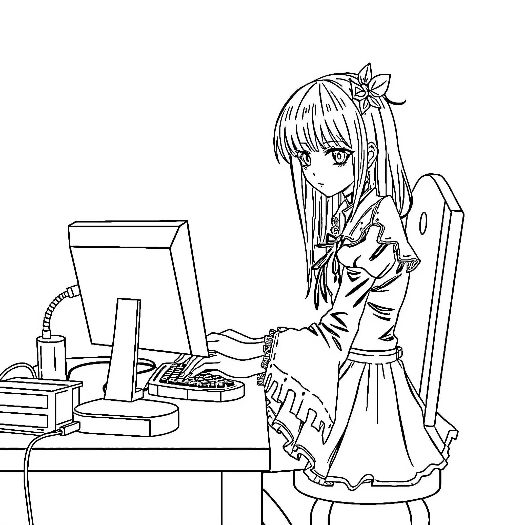 Gothic Girl Working on Computer Coloring Page (free black-and-white line drawing printable PDF for all, from beginners to advanced learners, including children, teens, adults, and seniors)