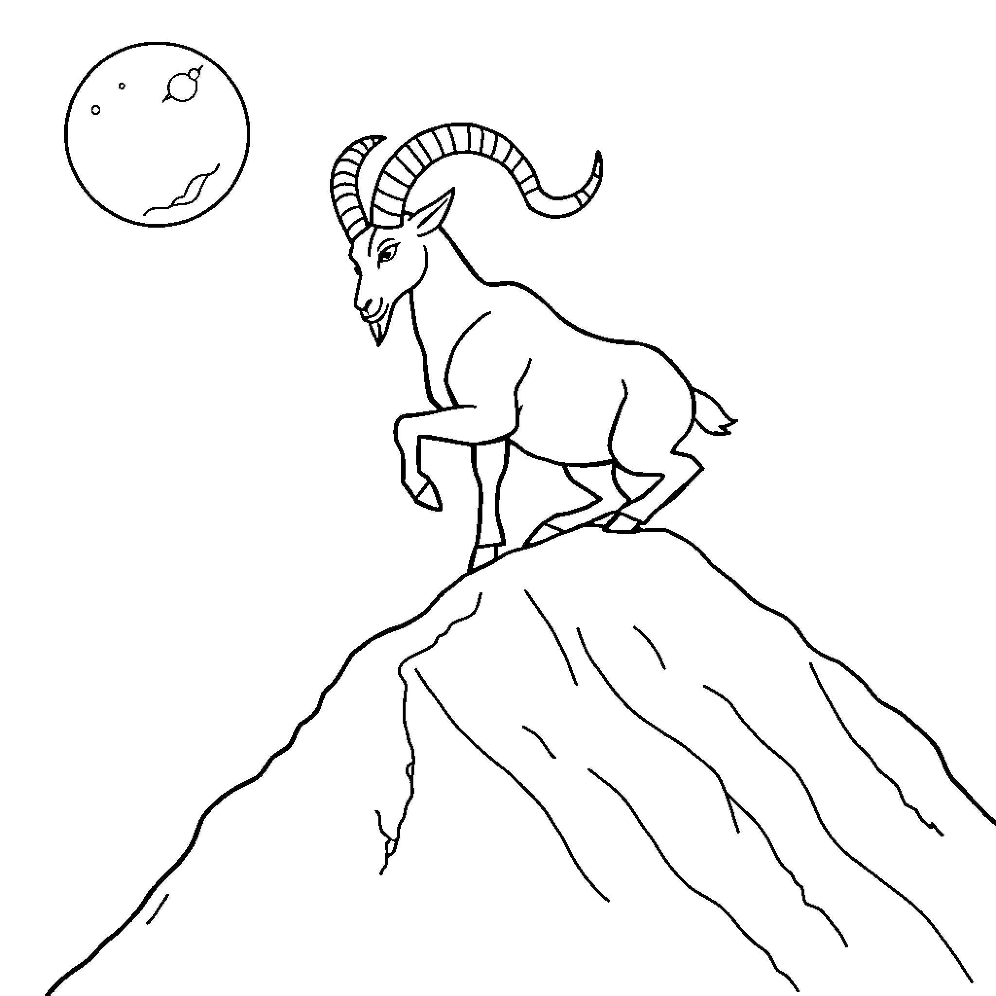Capricorn goat climbing rocky mountain peak Coloring Page (free black-and-white line drawing printable PDF for all, from beginners to advanced learners, including children, teens, adults, and seniors)