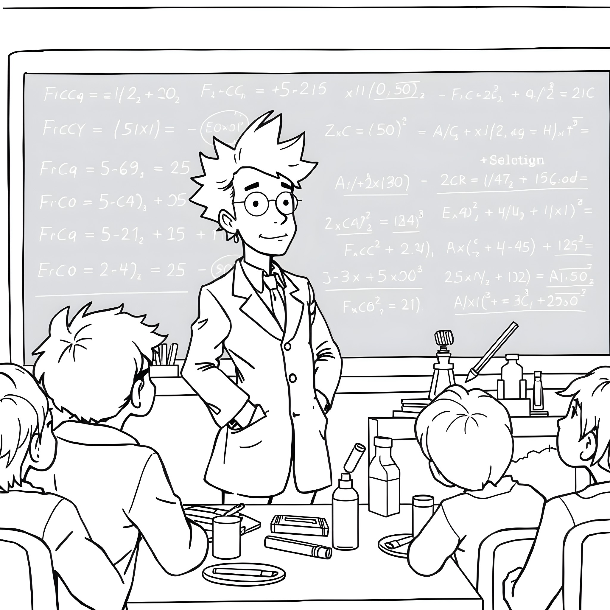 Spike Spiegel teaching scientific formulas in the classroom Coloring Page (free black-and-white line drawing printable PDF for all, from beginners to advanced learners, including children, teens, adults, and seniors)