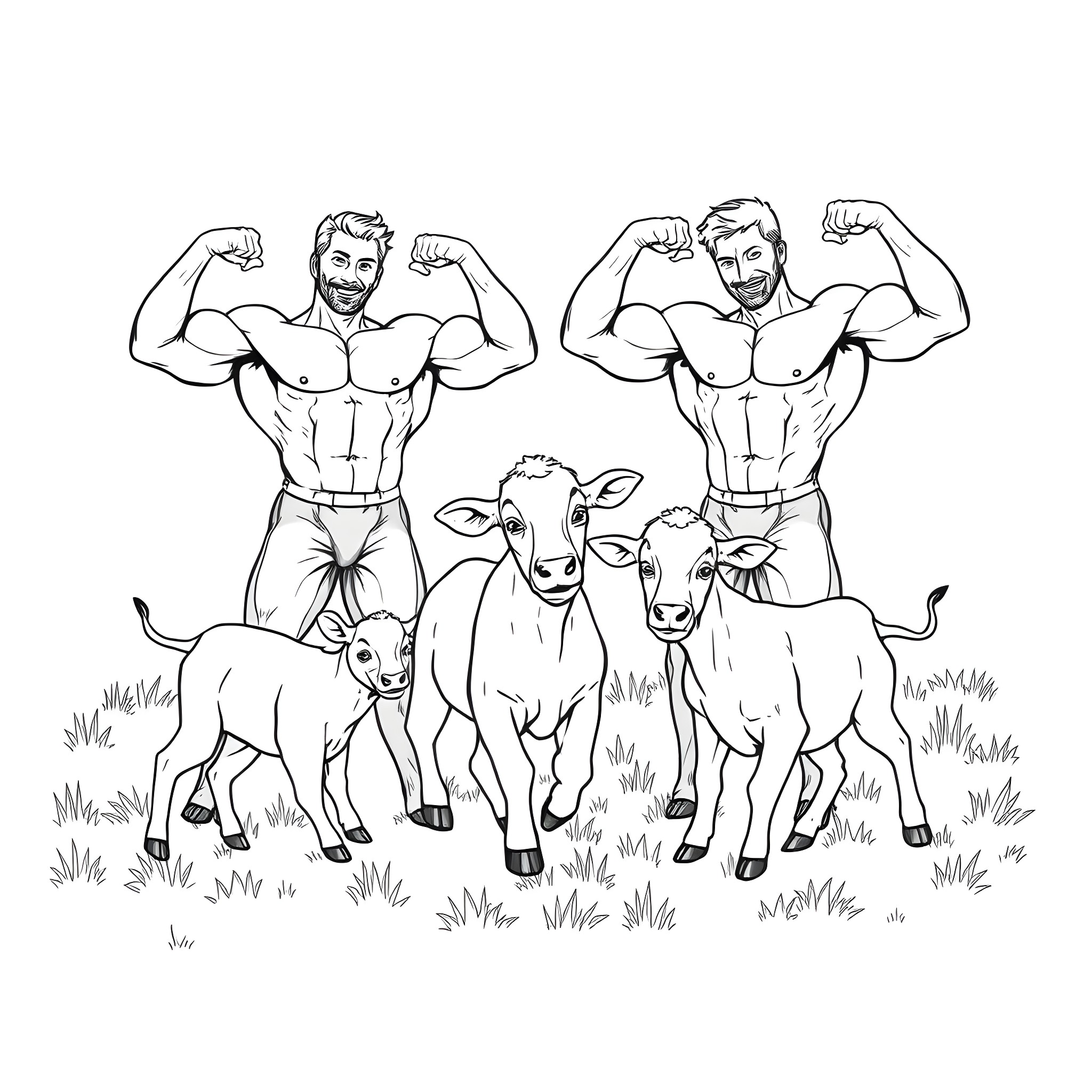 Bodybuilders posing with cattle in a field Coloring Page (free black-and-white line drawing printable PDF for all, from beginners to advanced learners, including children, teens, adults, and seniors)
