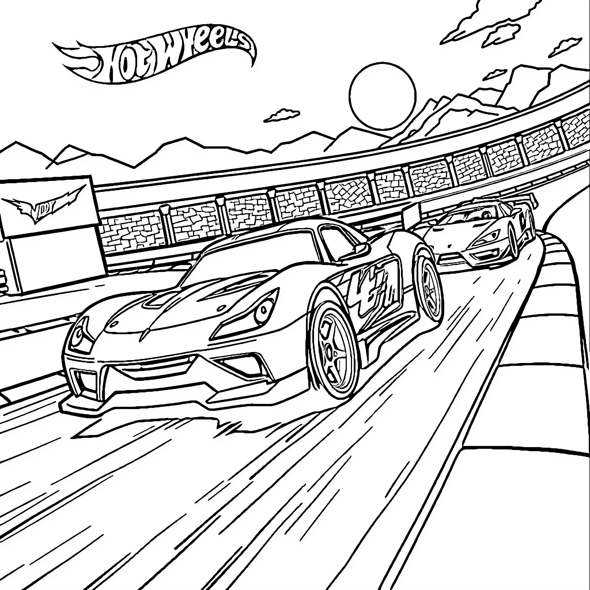 Hot Wheels speeding down the track Coloring Page (free black-and-white line drawing printable PDF for all, from beginners to advanced learners, including children, teens, adults, and seniors)
