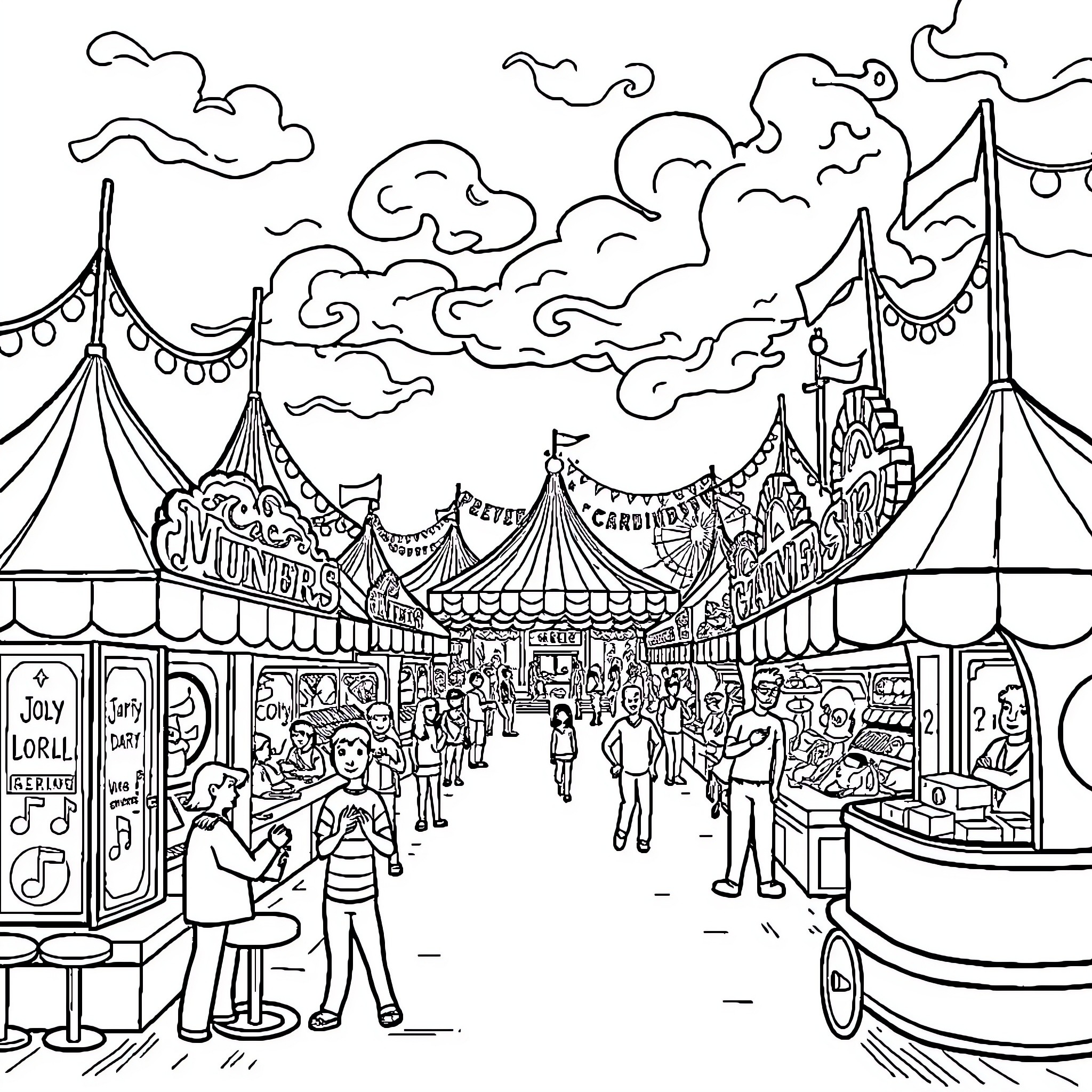 Fair with Lively Crowd and Festive Attractions Coloring Page (free black-and-white line drawing printable PDF for all, from beginners to advanced learners, including children, teens, adults, and seniors)
