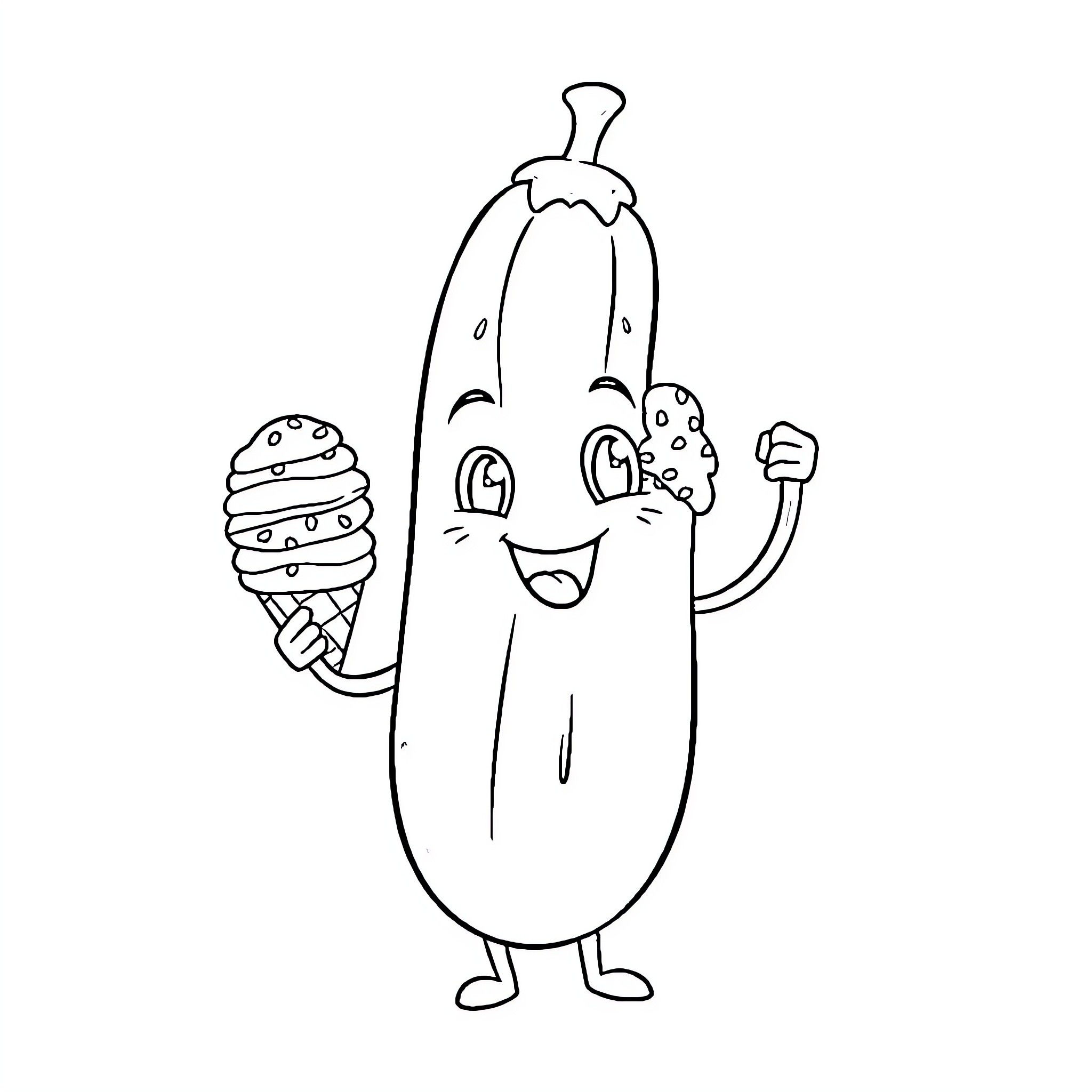 Cucumber enjoying ice cream happily Coloring Page (free black-and-white line drawing printable PDF for all, from beginners to advanced learners, including children, teens, adults, and seniors)