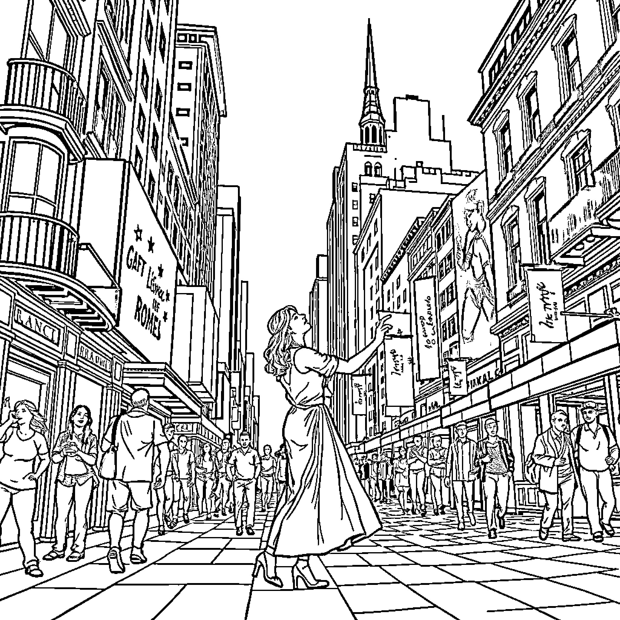 Romeo and Juliet's Romantic Dance in the City Coloring Page (free black-and-white line drawing printable PDF for all, from beginners to advanced learners, including children, teens, adults, and seniors)