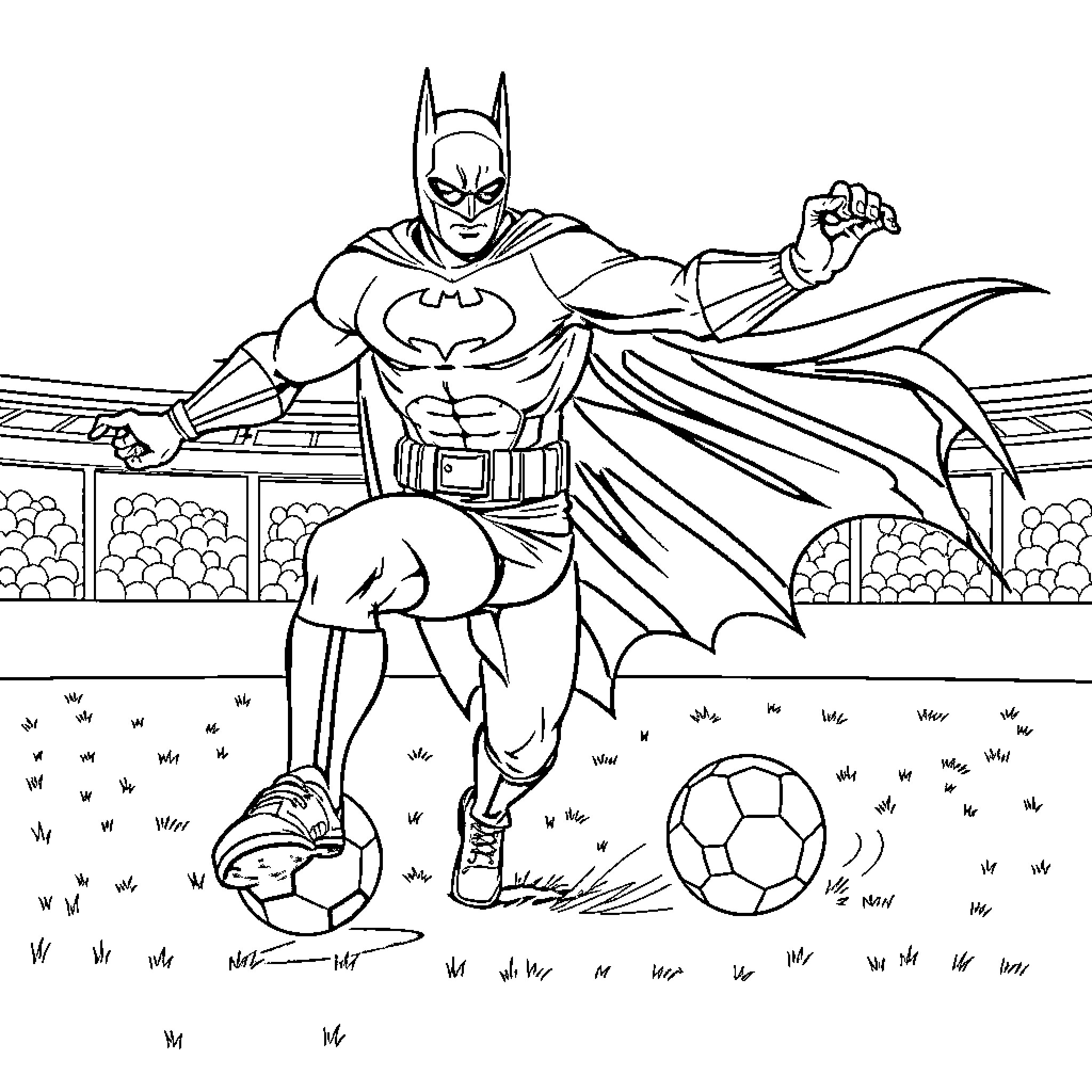 Batman playing soccer in the stadium Coloring Page (free black-and-white line drawing printable PDF for all, from beginners to advanced learners, including children, teens, adults, and seniors)