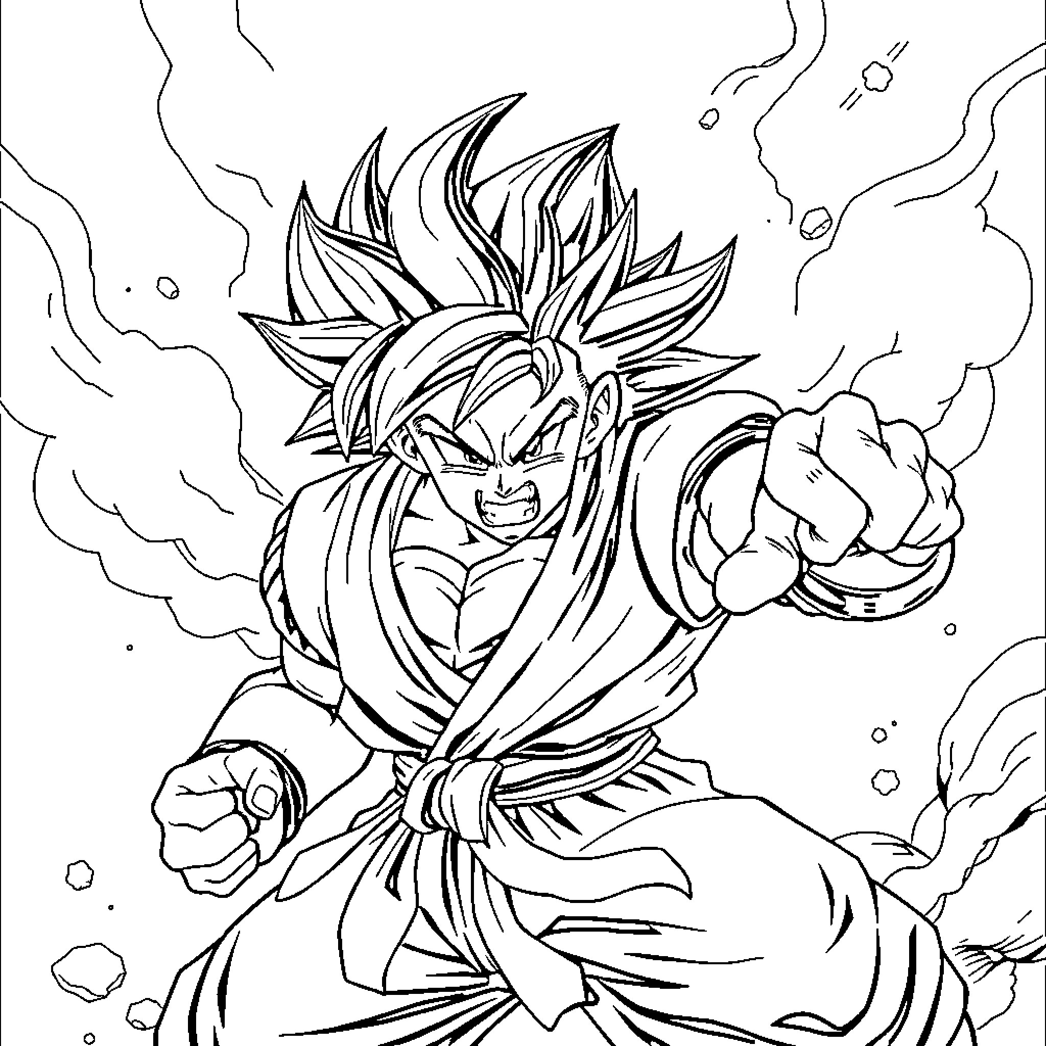 Gohan's Powerful Transformation and Battle Stance Coloring Page (free black-and-white line drawing printable PDF for all, from beginners to advanced learners, including children, teens, adults, and seniors)