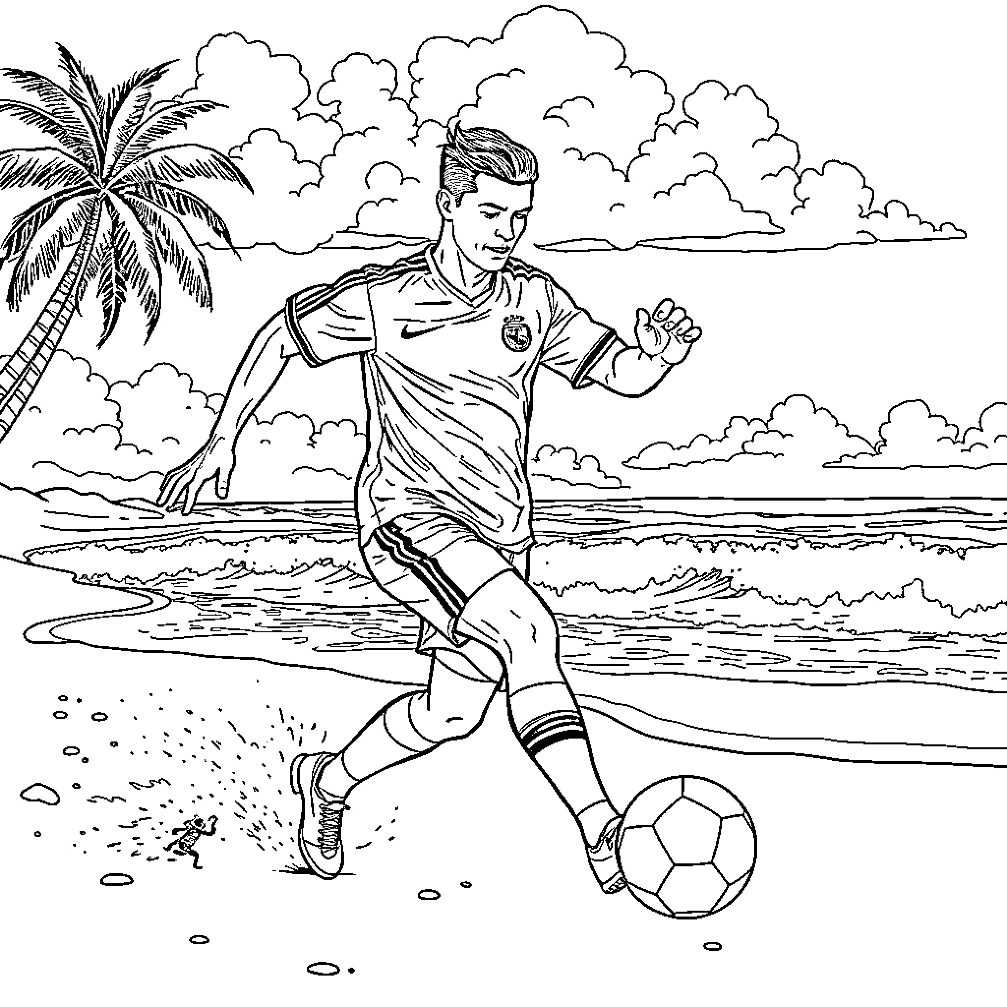 Ronaldo playing soccer on the beach Coloring Page (free black-and-white line drawing printable PDF for all, from beginners to advanced learners, including children, teens, adults, and seniors)