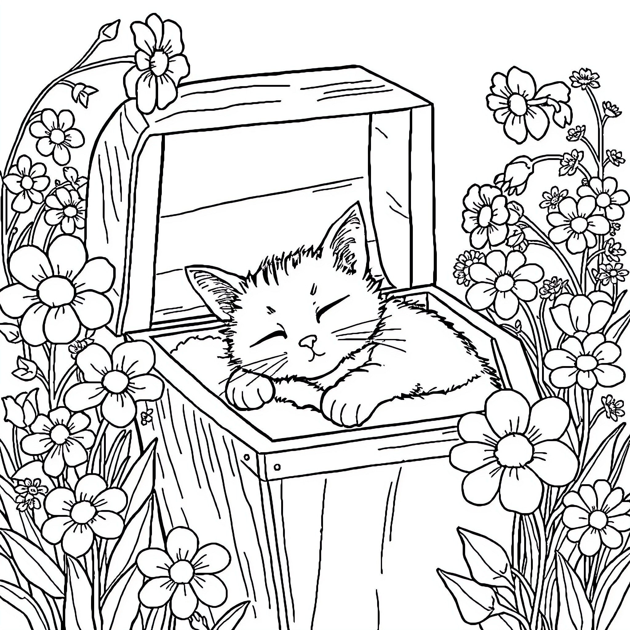 Cat resting in floral basket Coloring Page (free black-and-white line drawing printable PDF for all, from beginners to advanced learners, including children, teens, adults, and seniors)