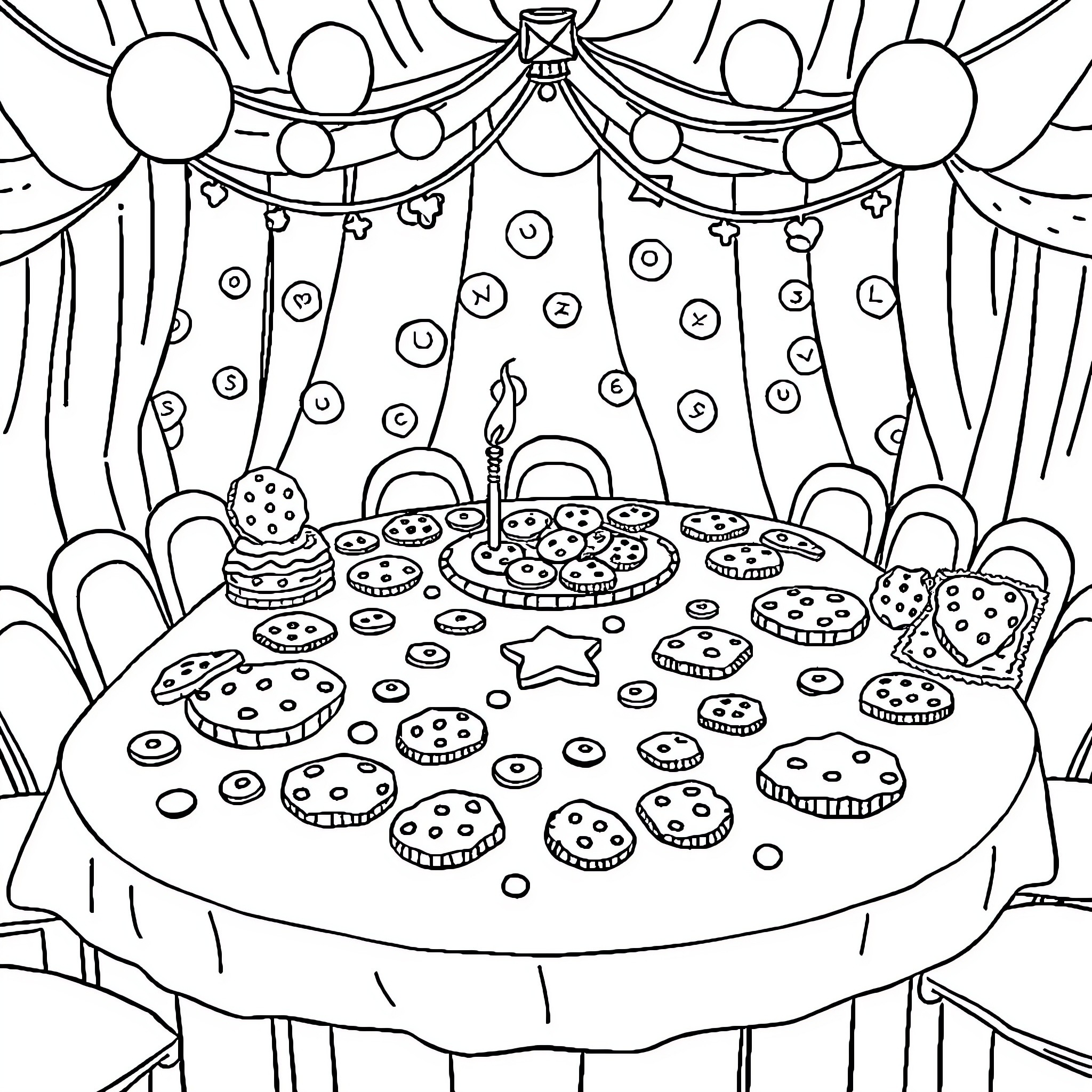 Cookie Festival with Festive Decorations Coloring Page (free black-and-white line drawing printable PDF for all, from beginners to advanced learners, including children, teens, adults, and seniors)
