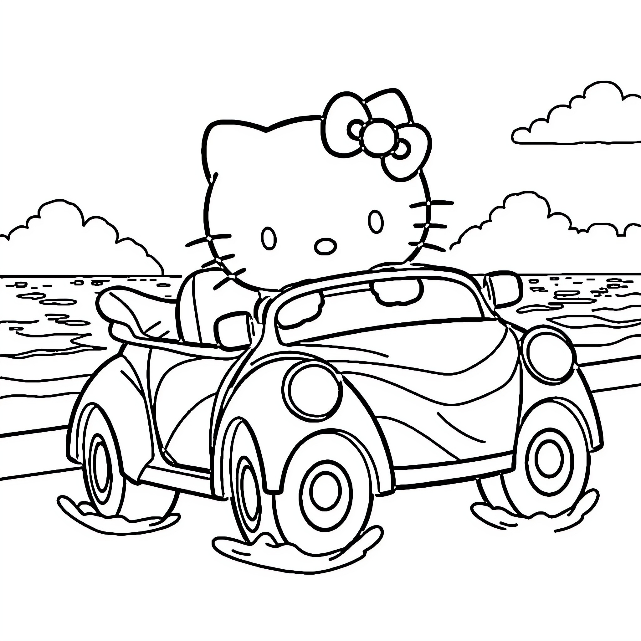Hello Kitty driving a car by the beach Coloring Page (free black-and-white line drawing printable PDF for all, from beginners to advanced learners, including children, teens, adults, and seniors)