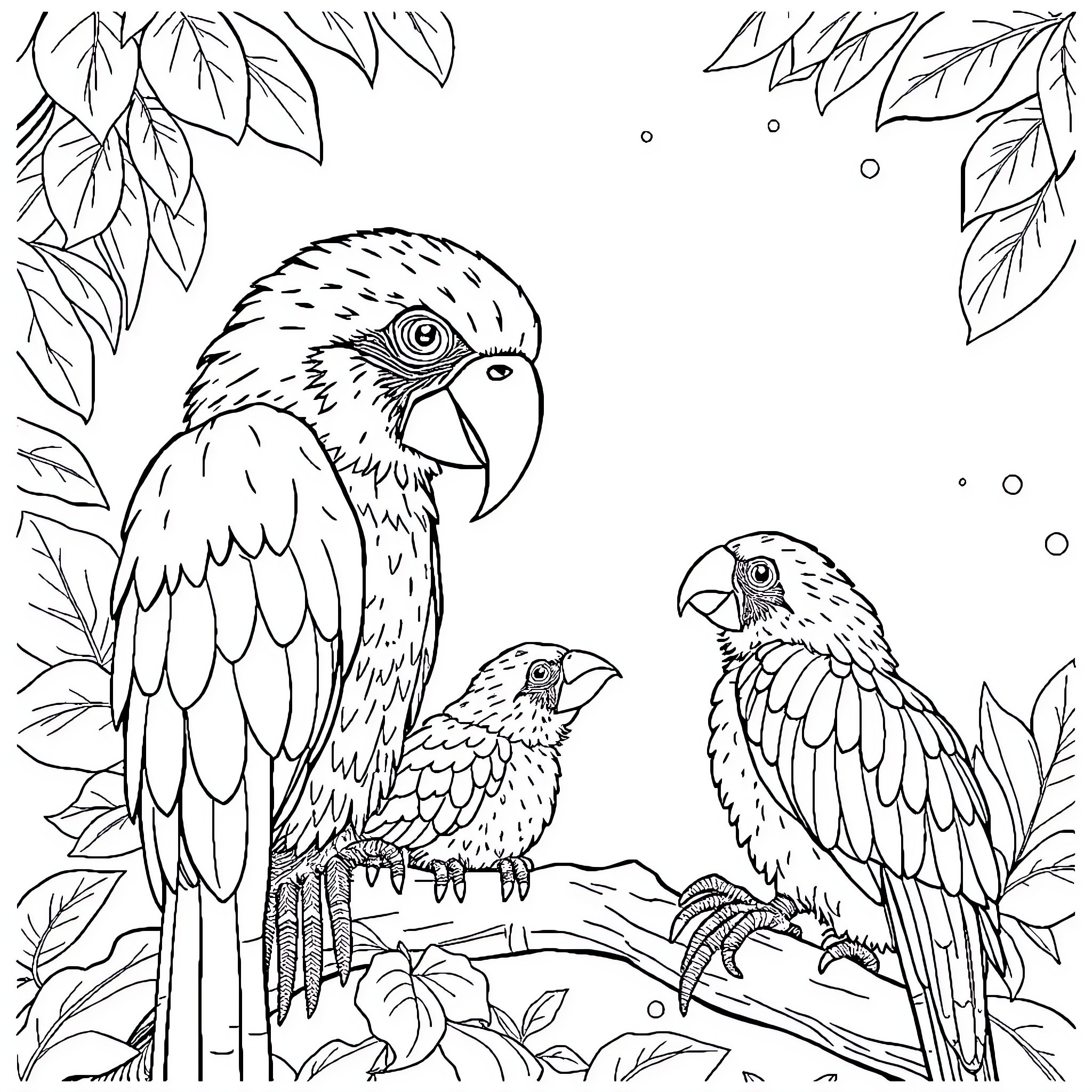Mammal parrots perched in tropical foliage Coloring Page (free black-and-white line drawing printable PDF for all, from beginners to advanced learners, including children, teens, adults, and seniors)