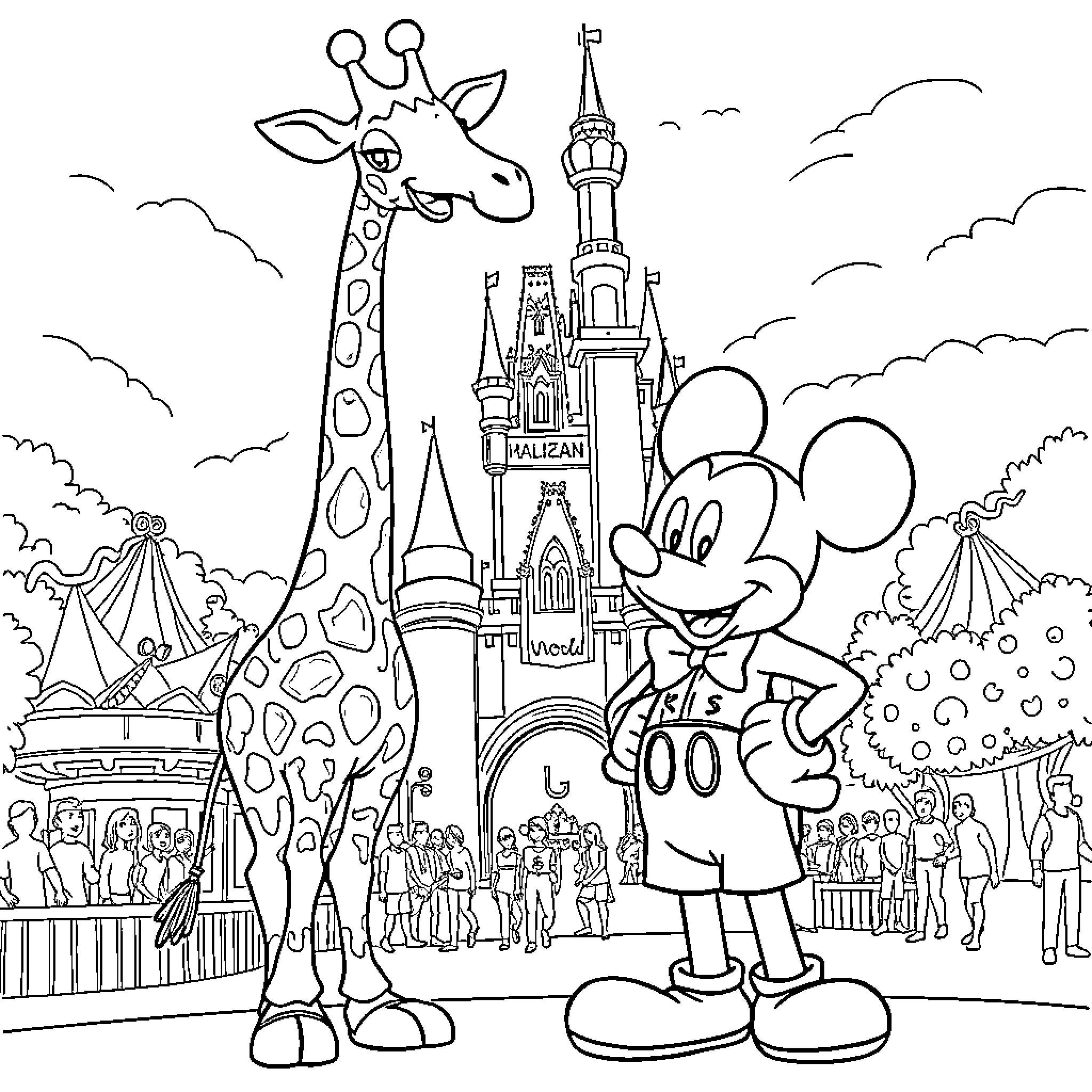 Giraffe and Mickey Mouse in a Whimsical Amusement Park Coloring Page (free black-and-white line drawing printable PDF for all, from beginners to advanced learners, including children, teens, adults, and seniors)