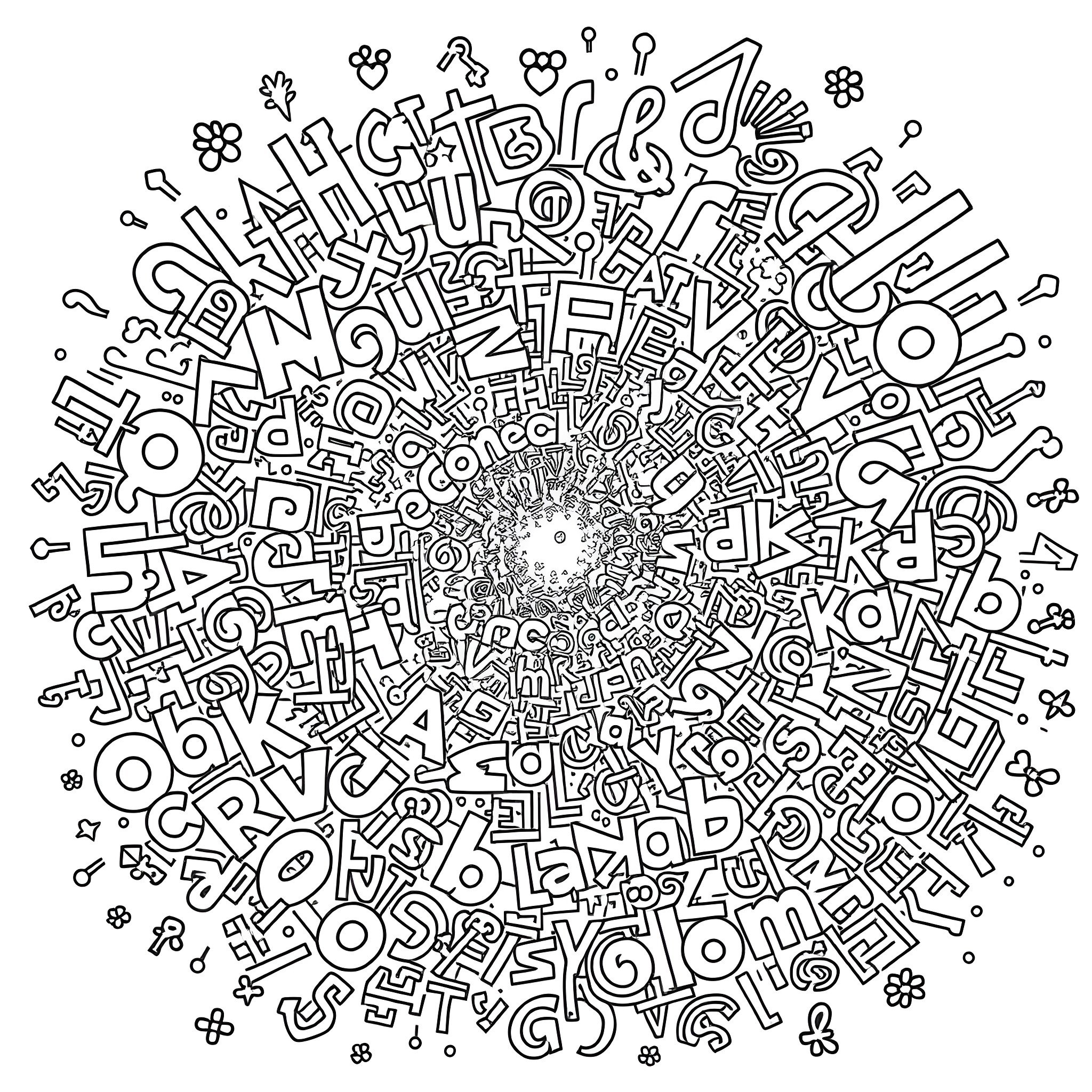 Abstract Whimsical Doodle with Text Patterns Coloring Page (free black-and-white line drawing printable PDF for all, from beginners to advanced learners, including children, teens, adults, and seniors)