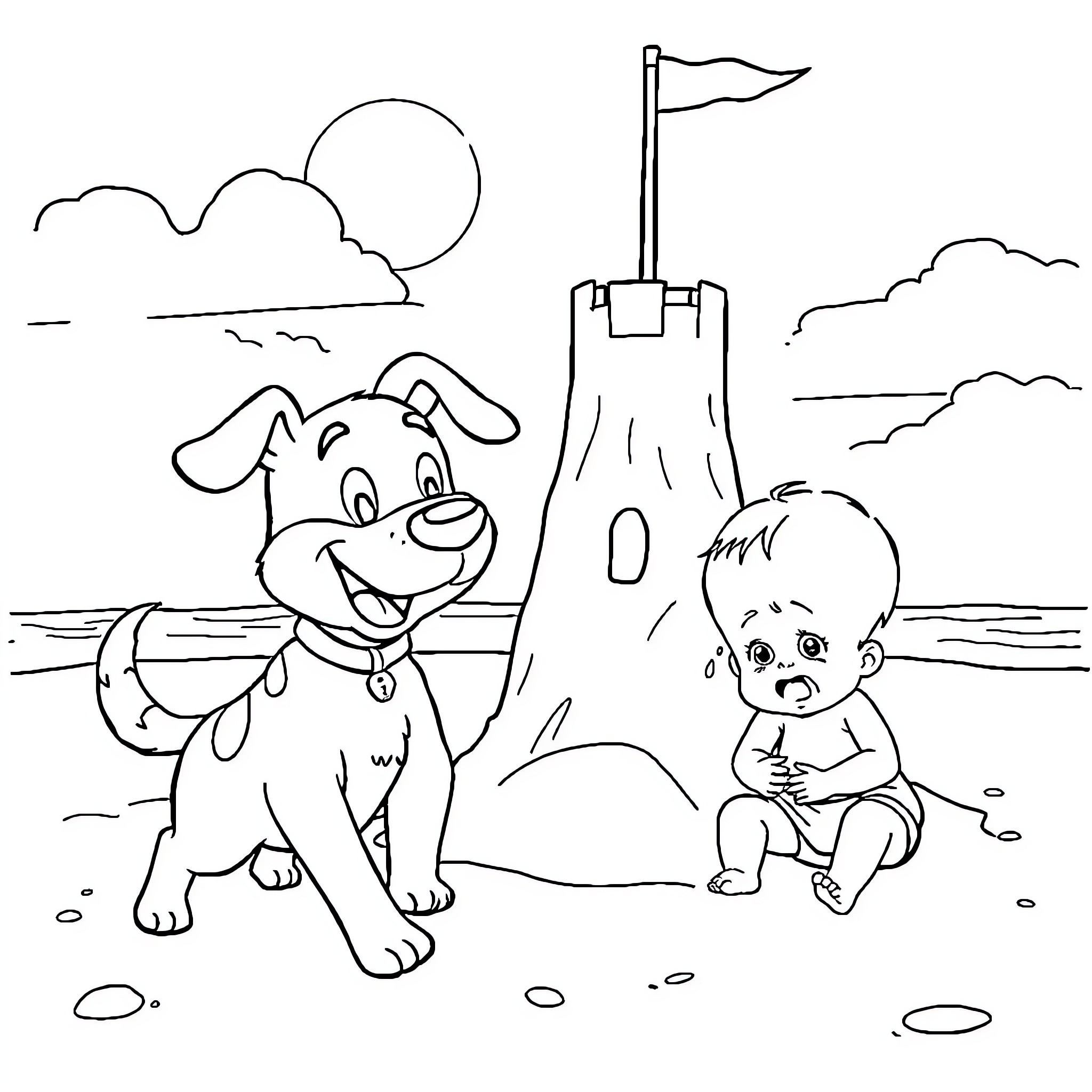 Dog and child playing at the beach Coloring Page (free black-and-white line drawing printable PDF for all, from beginners to advanced learners, including children, teens, adults, and seniors)