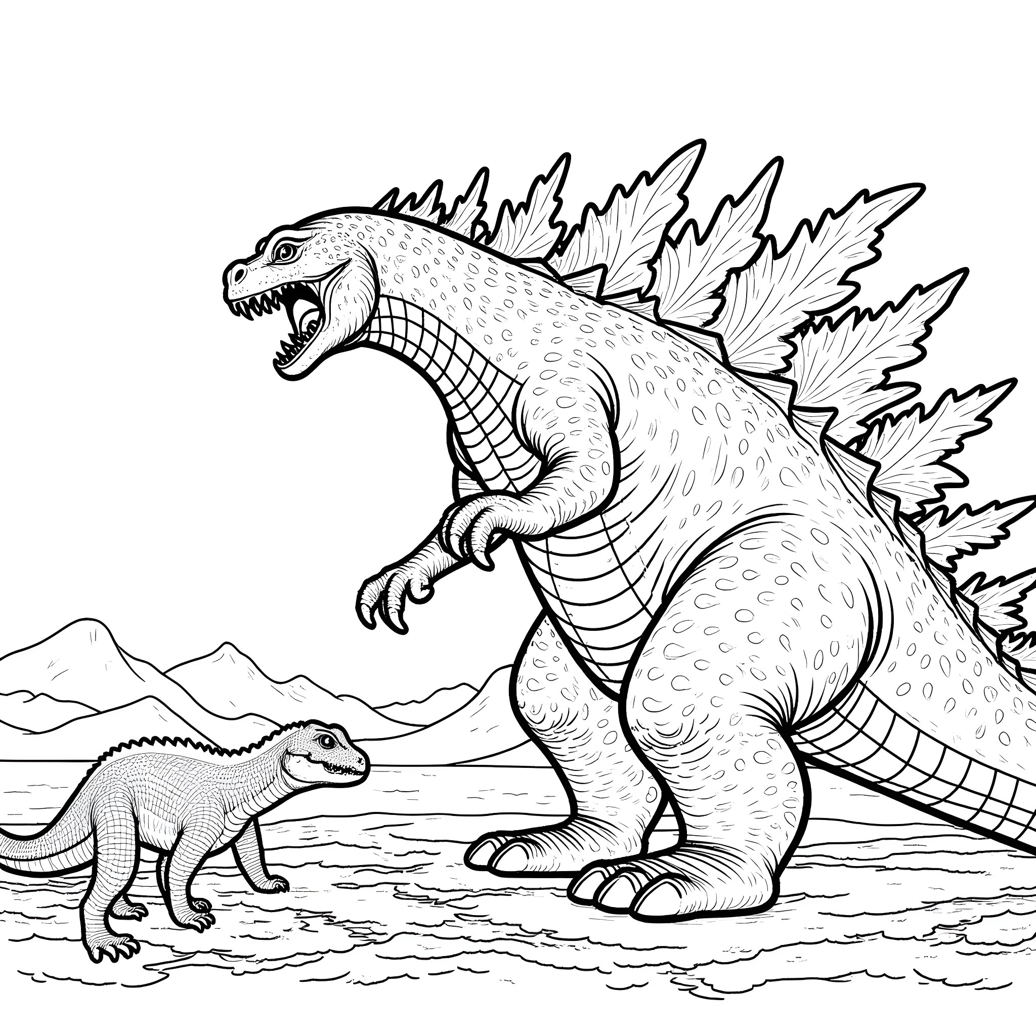 Godzilla and baby dinosaur in the landscape Coloring Page (free black-and-white line drawing printable PDF for all, from beginners to advanced learners, including children, teens, adults, and seniors)