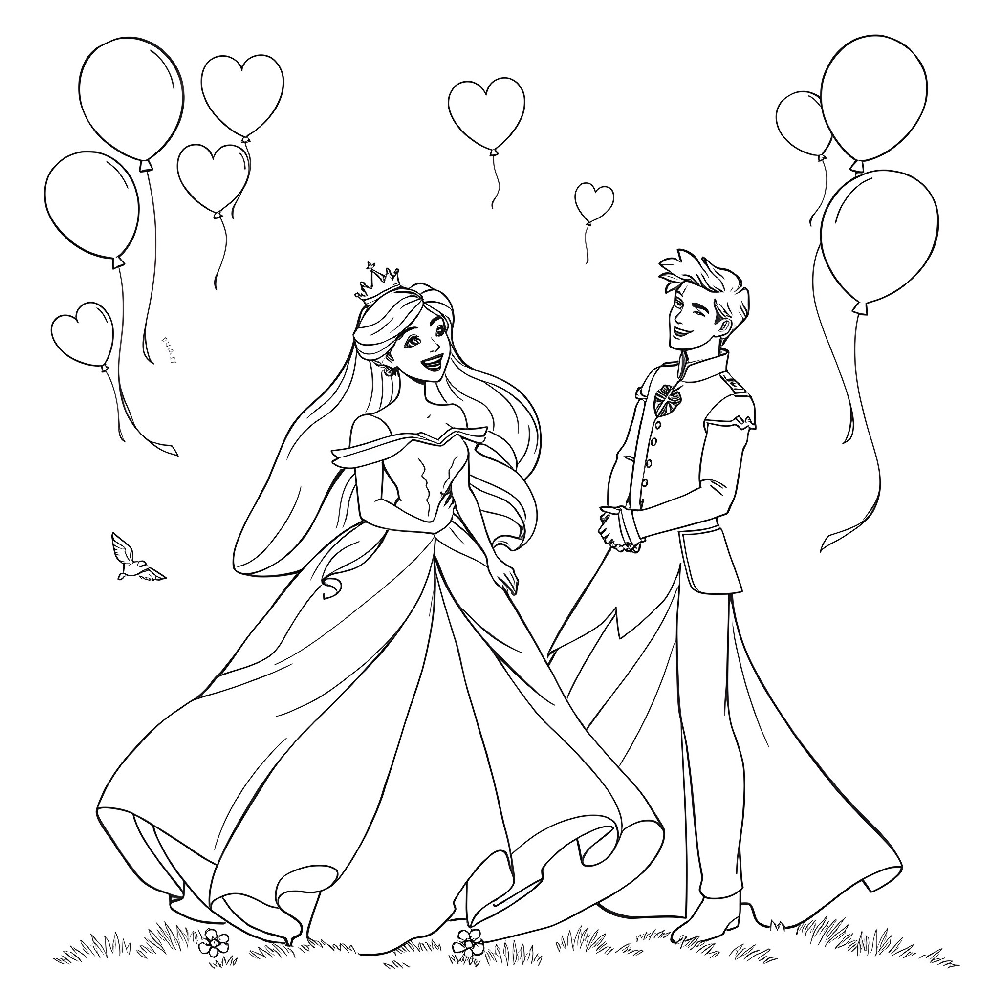 Princess and Prince in Romantic Courtship Coloring Page (free black-and-white line drawing printable PDF for all, from beginners to advanced learners, including children, teens, adults, and seniors)