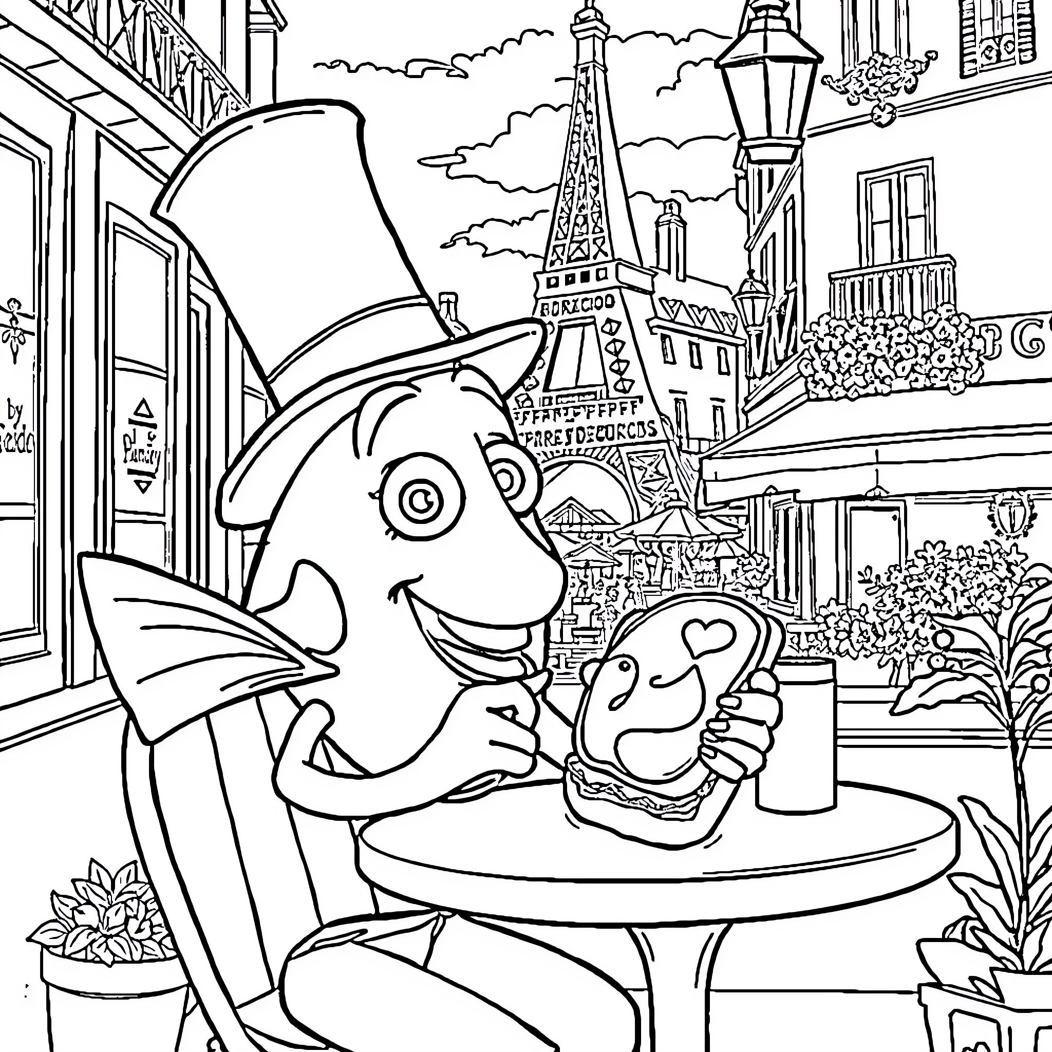 Nemo enjoying a cafe scene in Paris Coloring Page (free black-and-white line drawing printable PDF for all, from beginners to advanced learners, including children, teens, adults, and seniors)