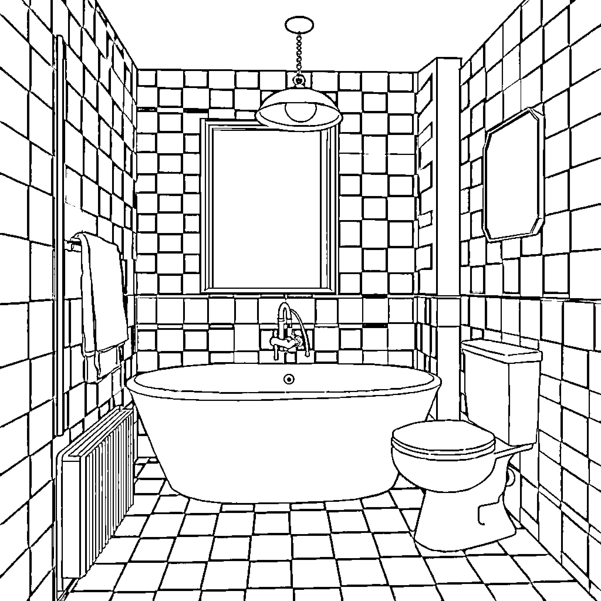 Bathroom with Tiled Interior and Fixtures Coloring Page (free black-and-white line drawing printable PDF for all, from beginners to advanced learners, including children, teens, adults, and seniors)