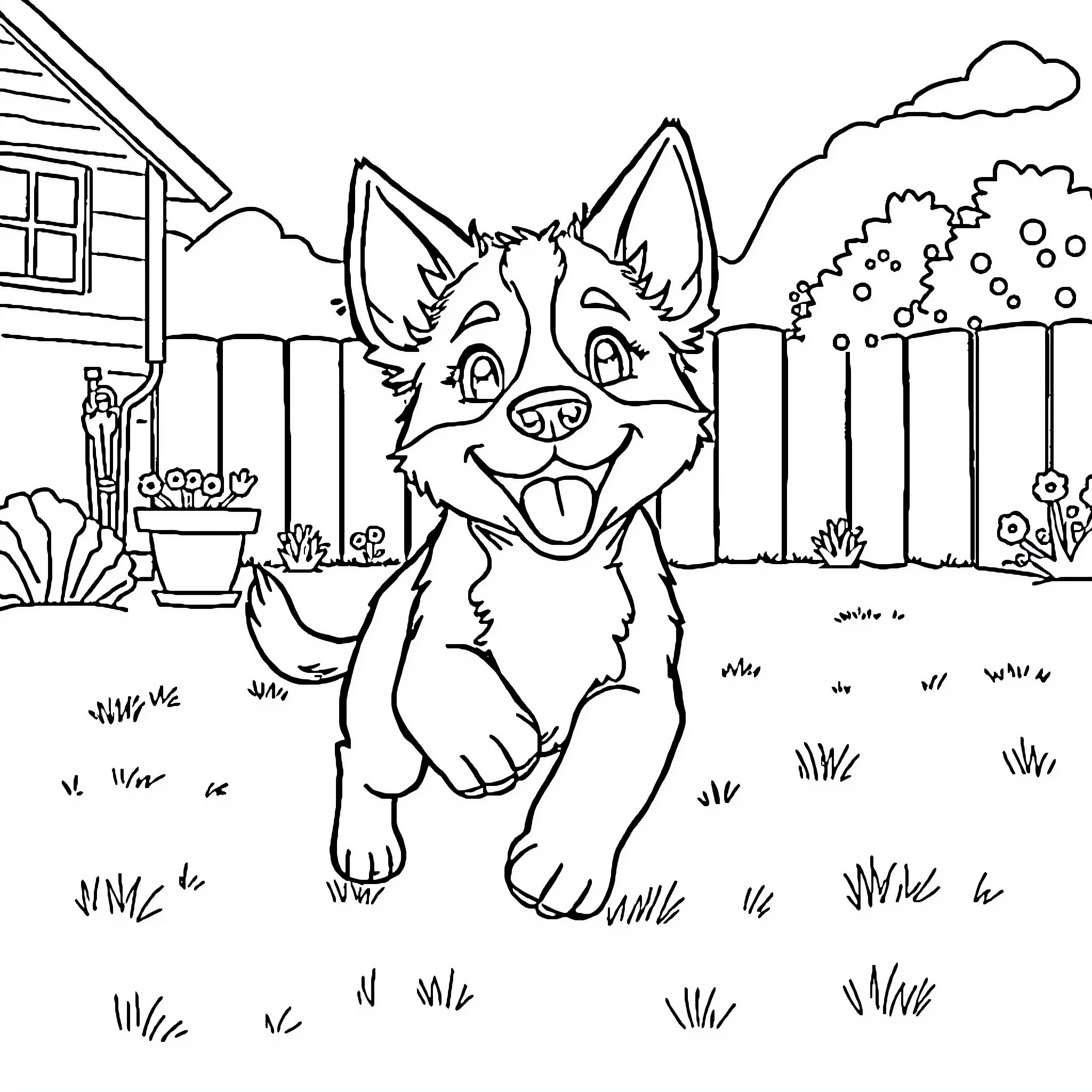 Bluey playing happily in the backyard Coloring Page (free black-and-white line drawing printable PDF for all, from beginners to advanced learners, including children, teens, adults, and seniors)