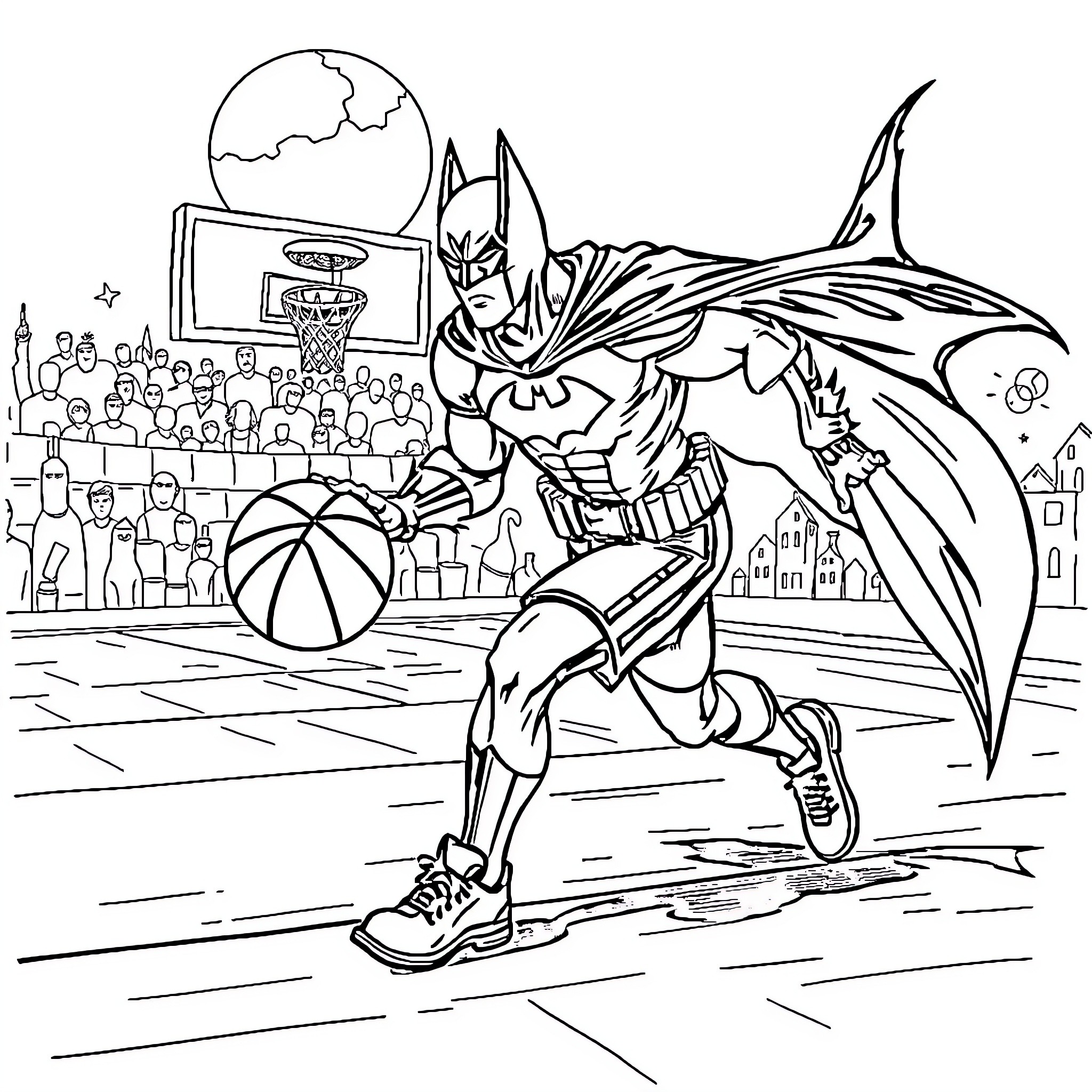 Batman's Basketball Heroics on the Court Coloring Page (free black-and-white line drawing printable PDF for all, from beginners to advanced learners, including children, teens, adults, and seniors)