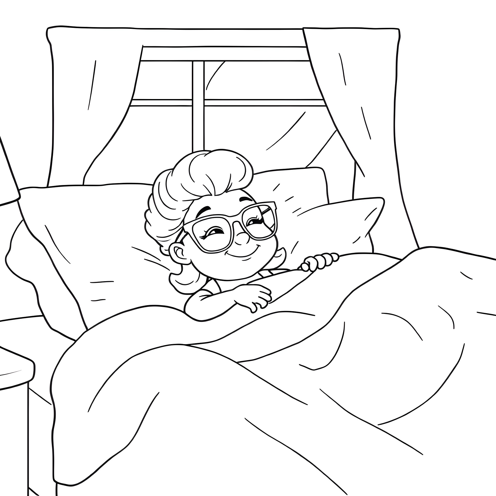 Glasses person relaxing in bed Coloring Page (free black-and-white line drawing printable PDF for all, from beginners to advanced learners, including children, teens, adults, and seniors)
