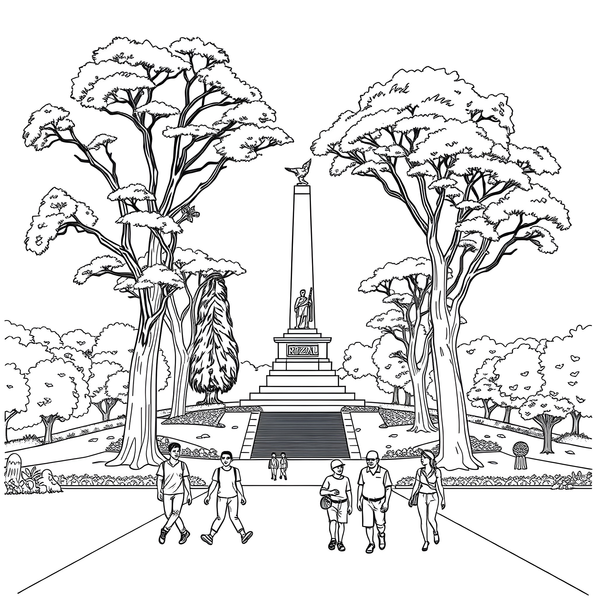 Rizal Park: Serene Scenery with Monument Coloring Page (free black-and-white line drawing printable PDF for all, from beginners to advanced learners, including children, teens, adults, and seniors)