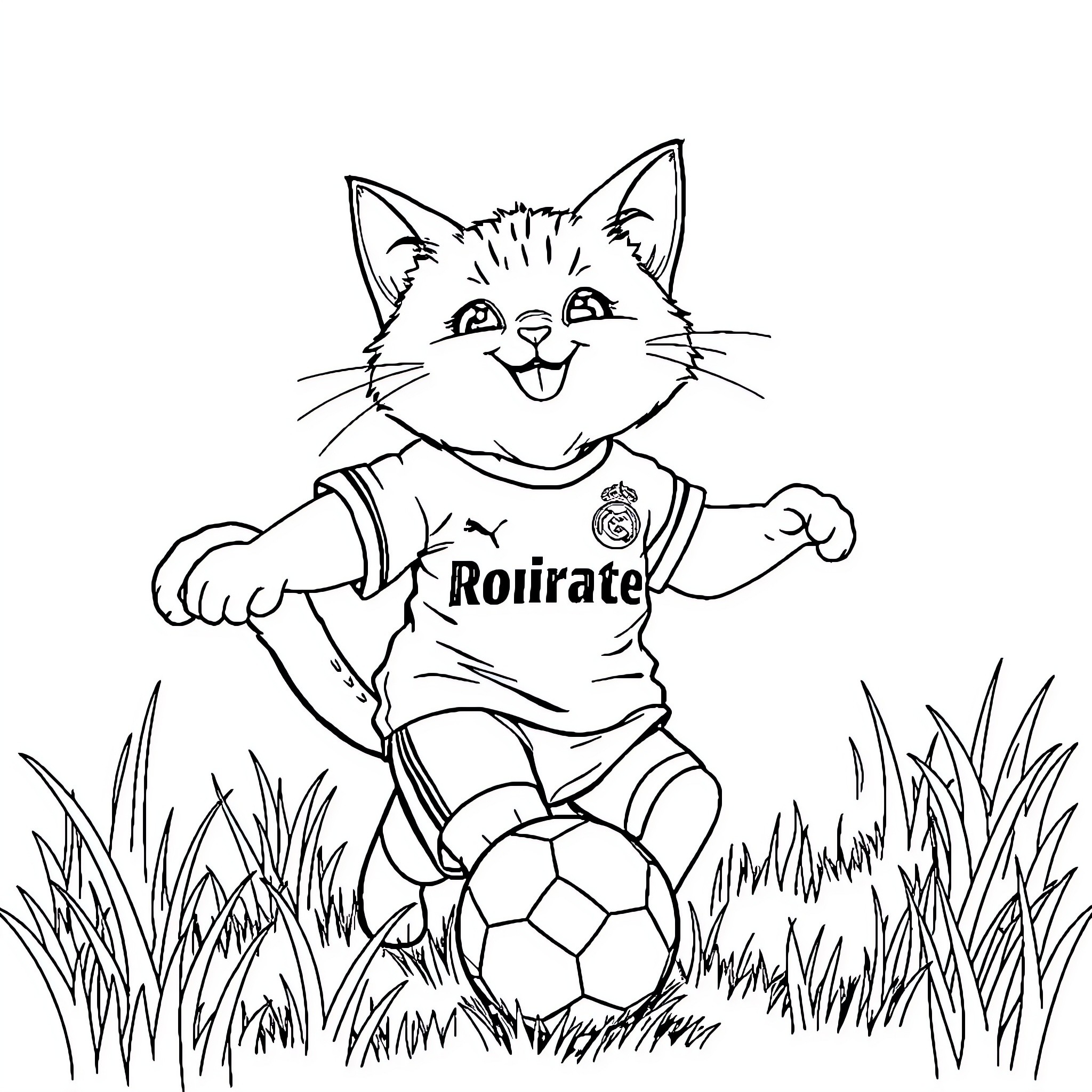 Cat playing with soccer ball in the grass Coloring Page (free black-and-white line drawing printable PDF for all, from beginners to advanced learners, including children, teens, adults, and seniors)