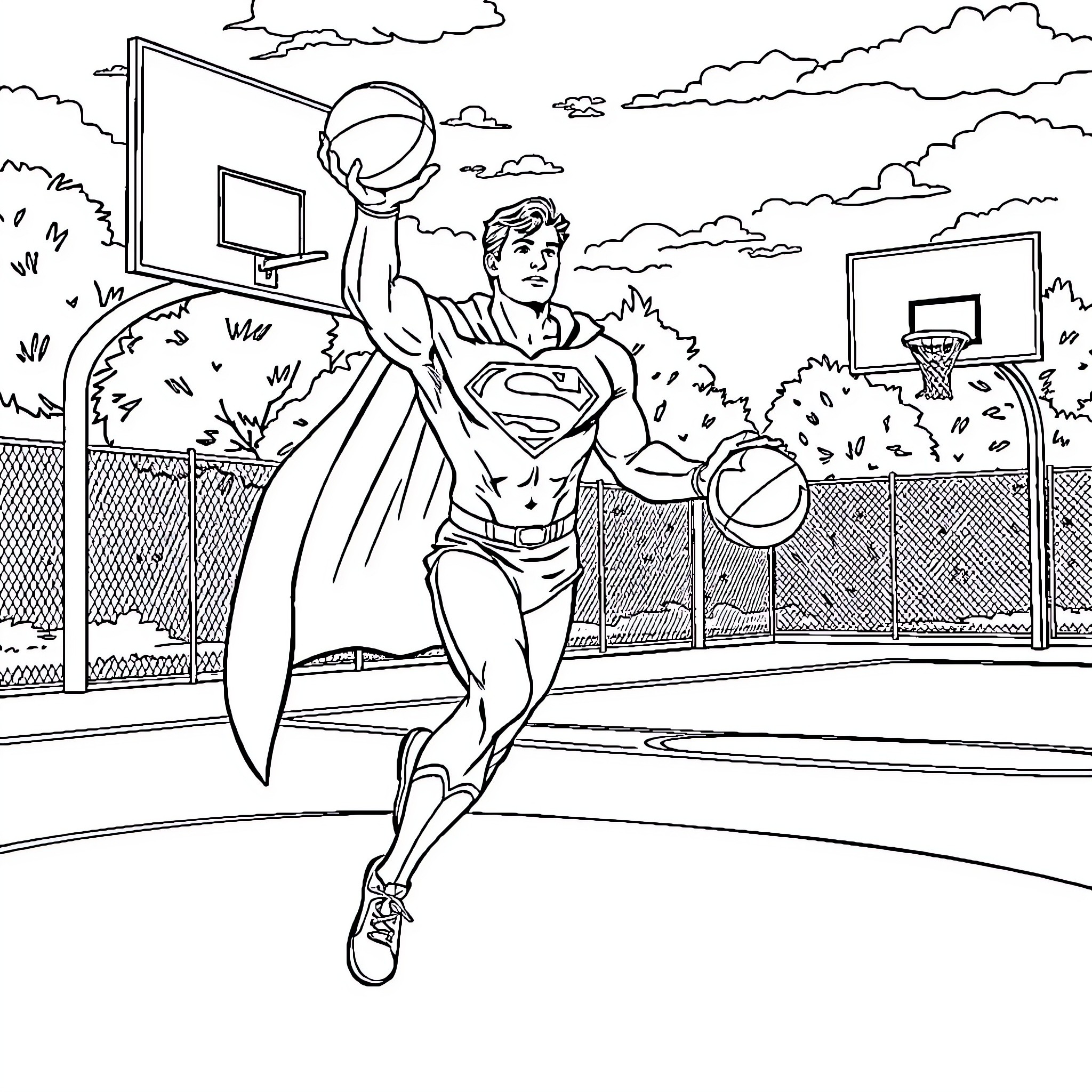 Superman Plays Basketball on the Court Coloring Page (free black-and-white line drawing printable PDF for all, from beginners to advanced learners, including children, teens, adults, and seniors)